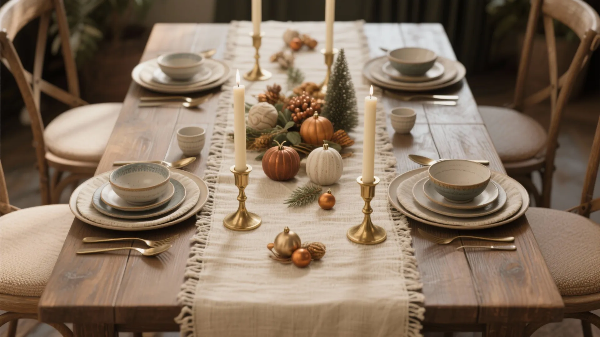 Layered table setting with linen runner and brass candlesticks