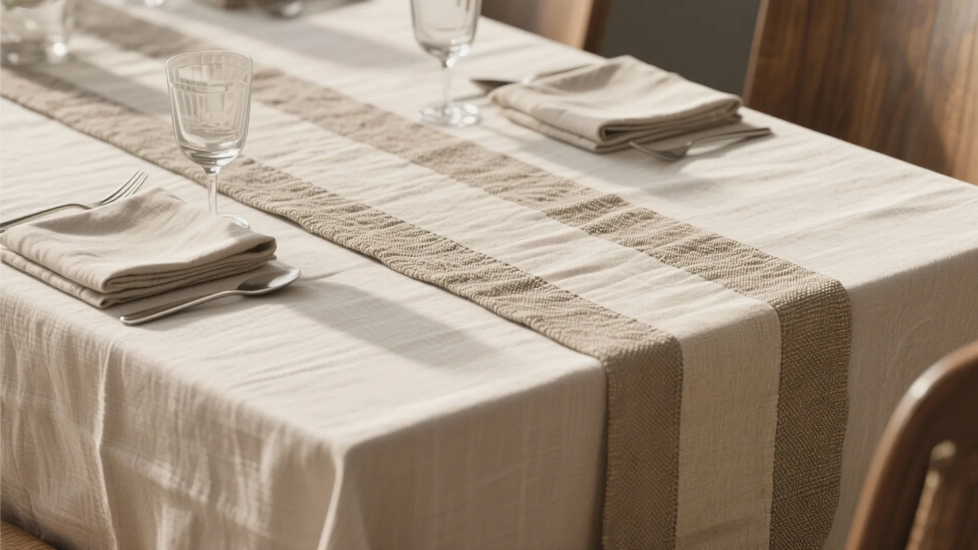 Layered neutral tablecloth and textured runner flat lay