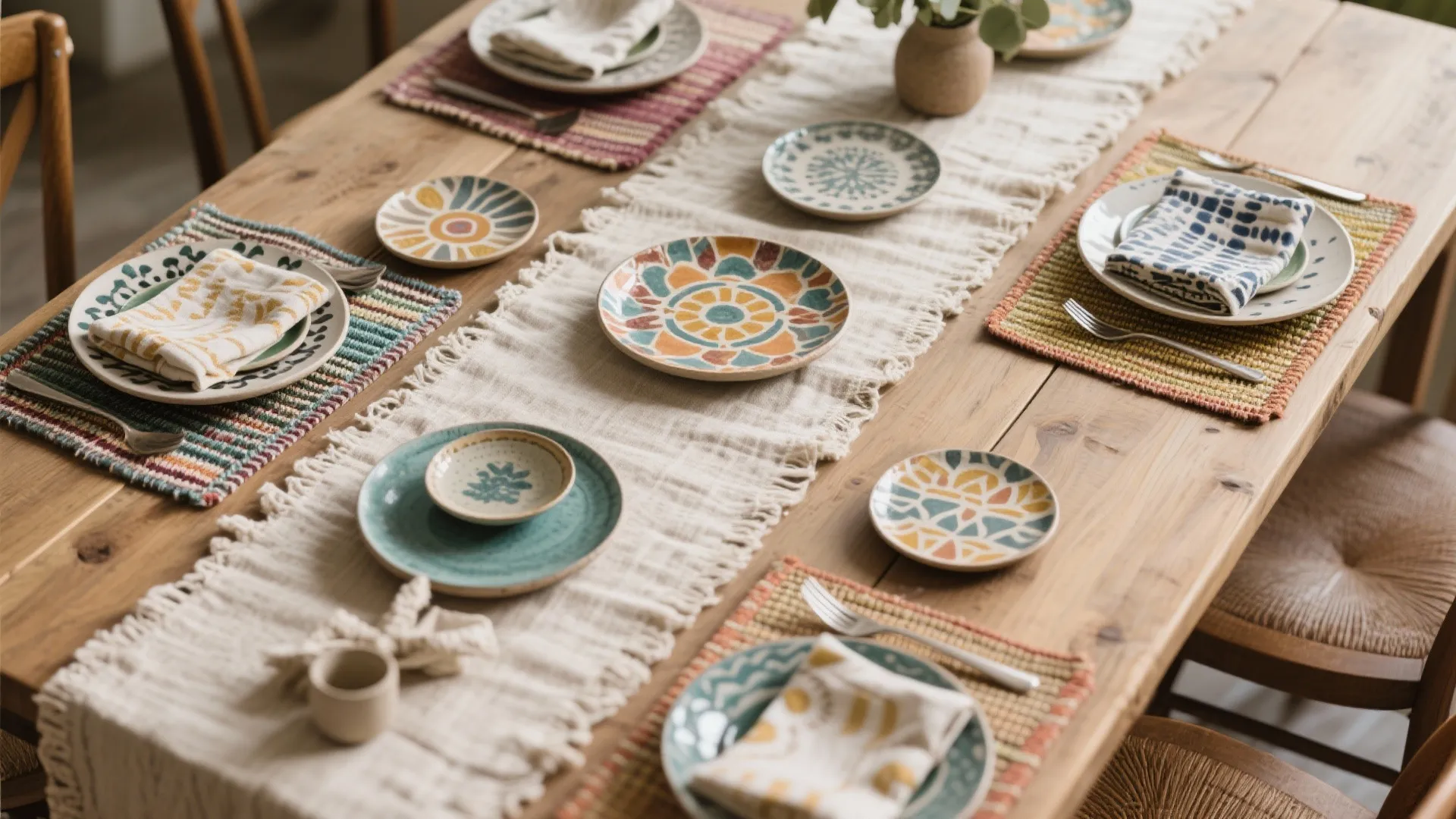 Bohemian style dining table setup with colorful plates woven place mats and white fabric runner