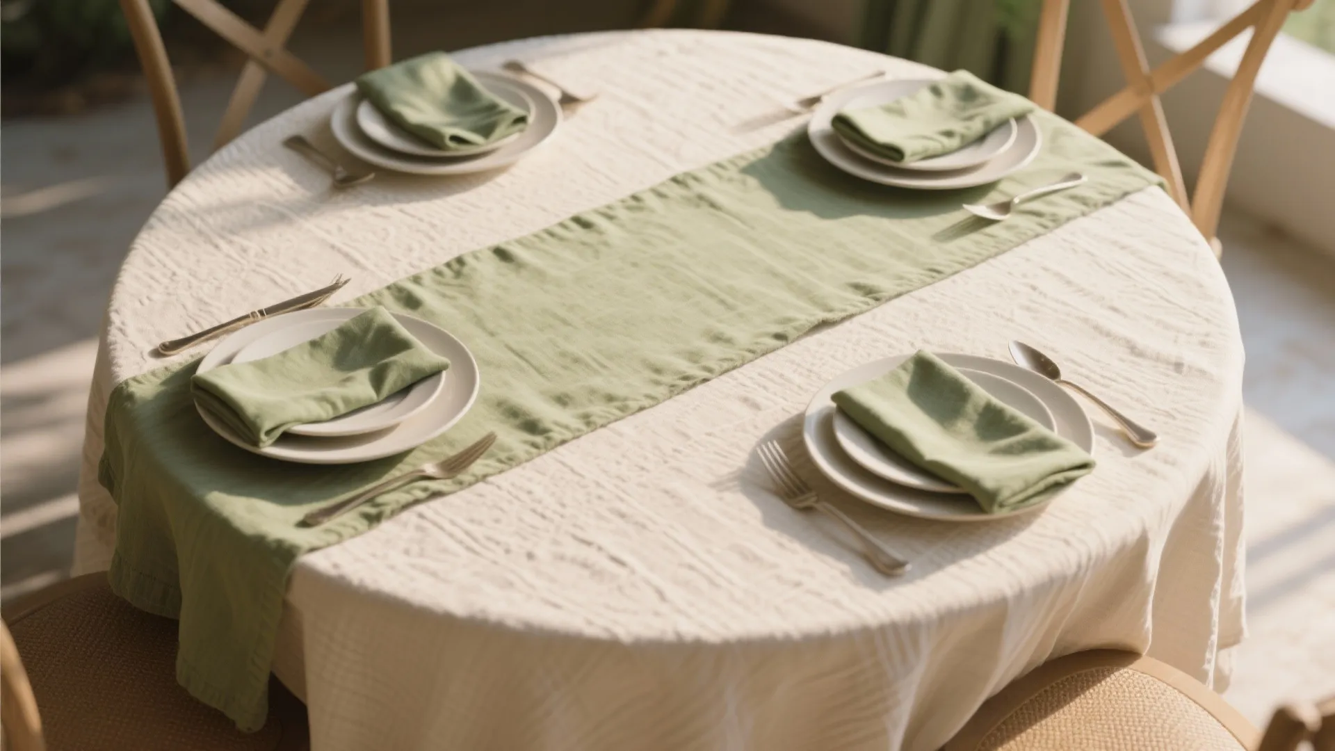 Layered tablecloth and round runner on a dining table