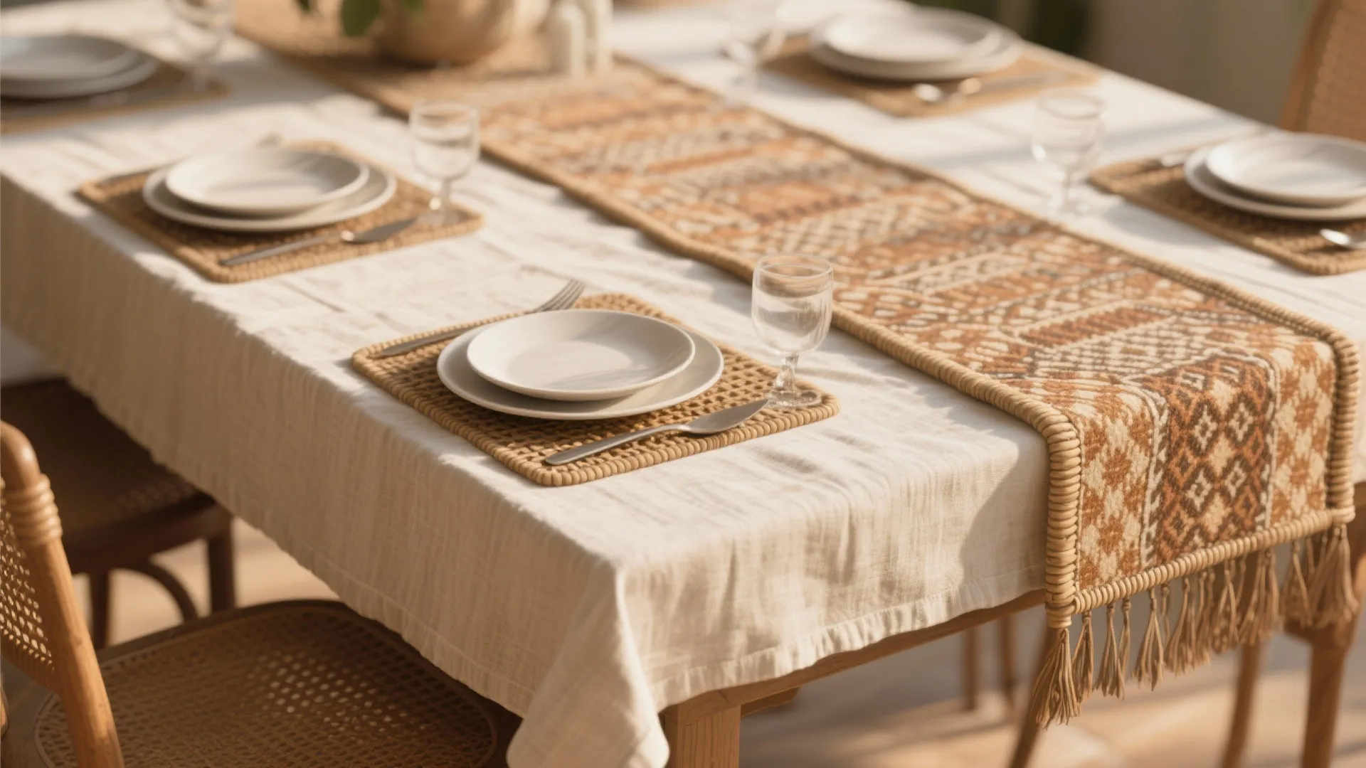 Layered tablecloth, runner, and placemats on a dining table