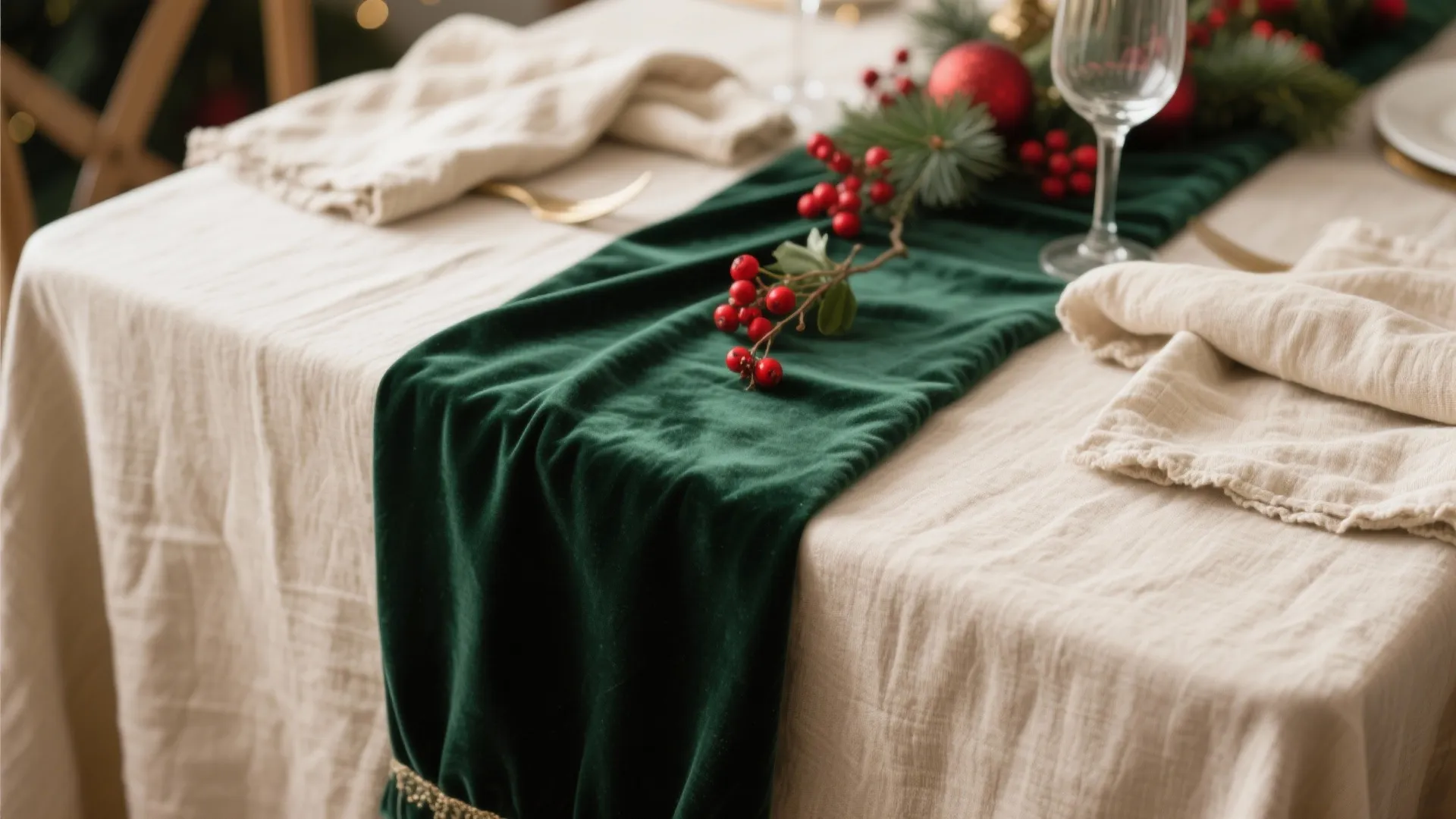 Dining table with green velvet runner white cloth napkins red berries and glass for holiday dinner