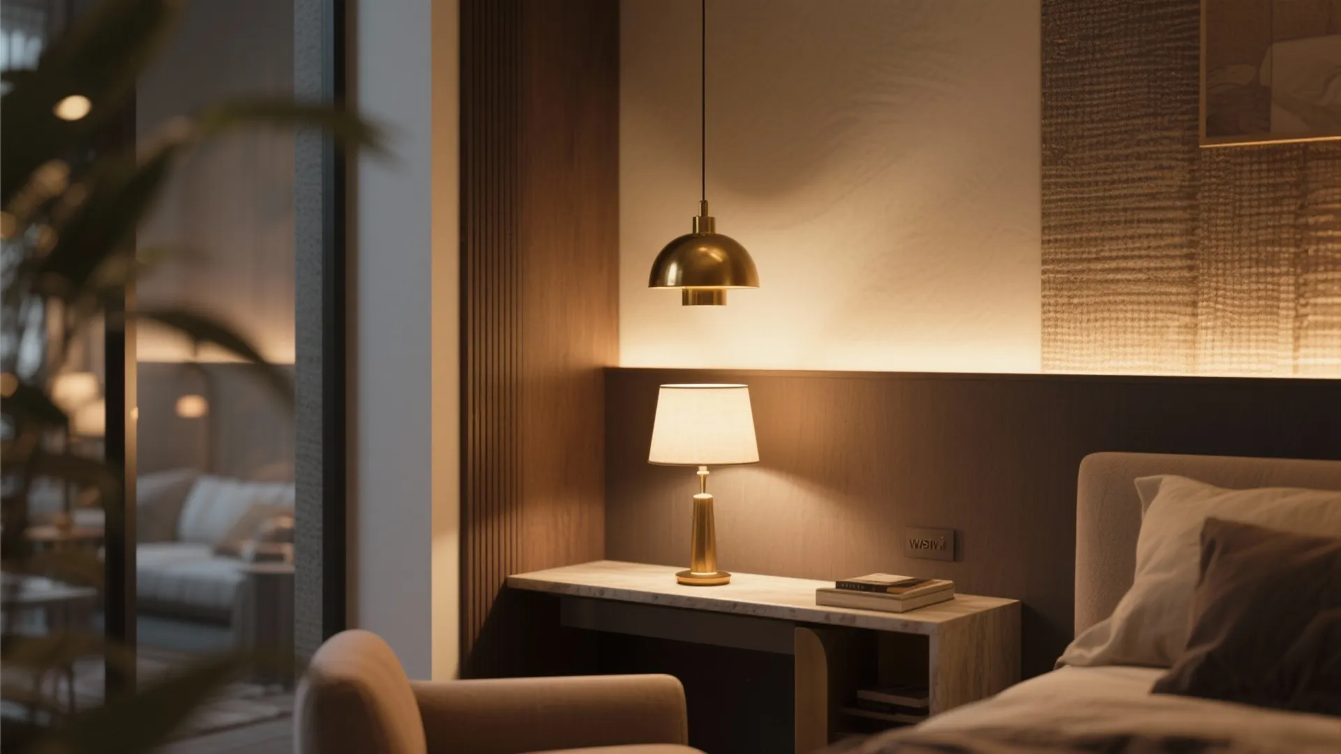 5. Layered Lighting with Table Lamp + Pendant