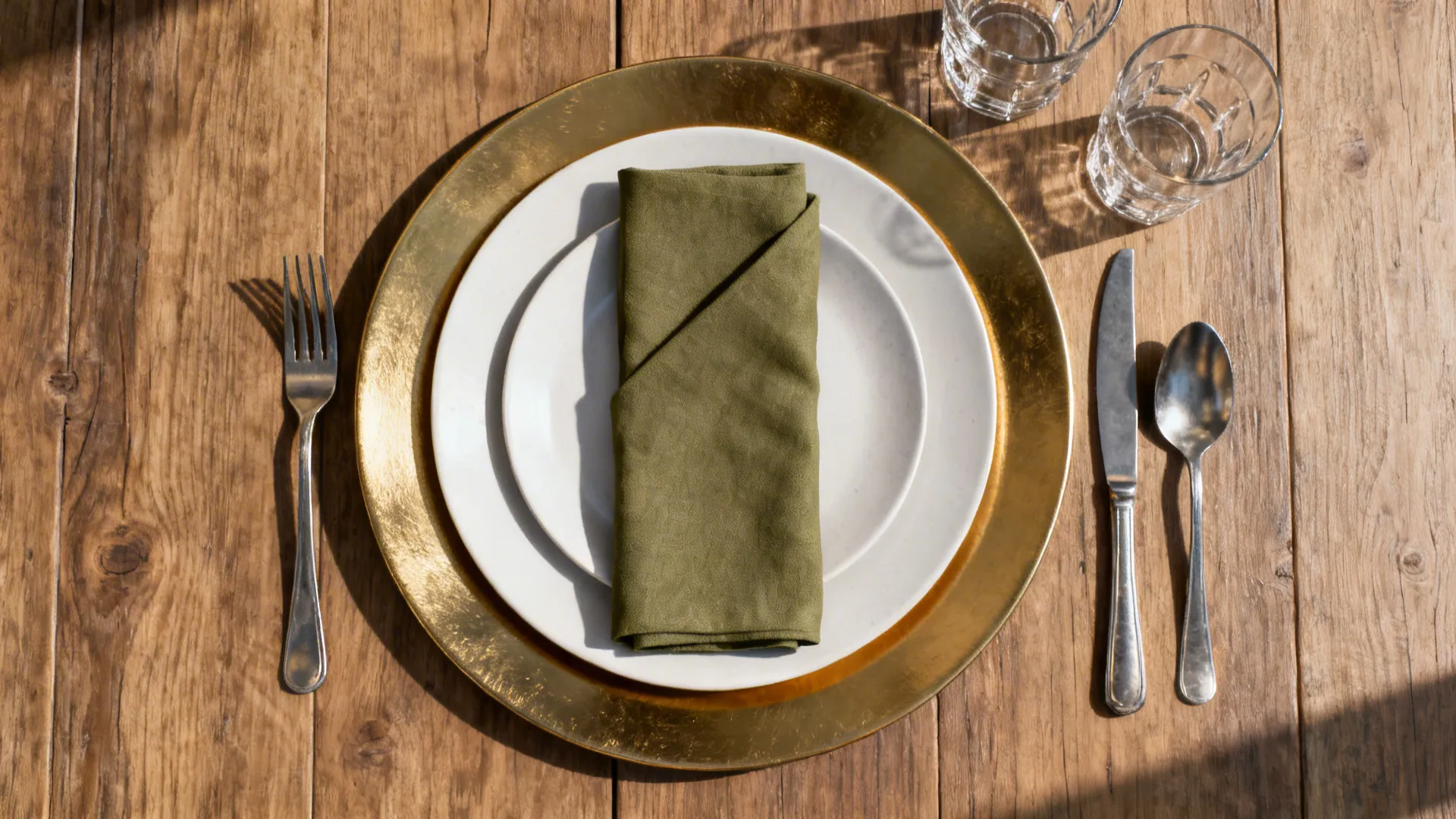Table setting with gold plate white dish green napkin fork knife spoon and two glasses