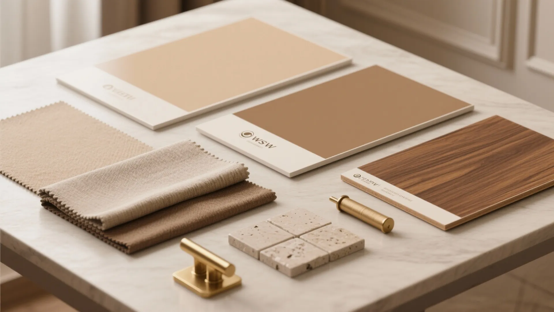 Interior design materials including tan fabric samples wood panels stone tiles and gold metal hardware