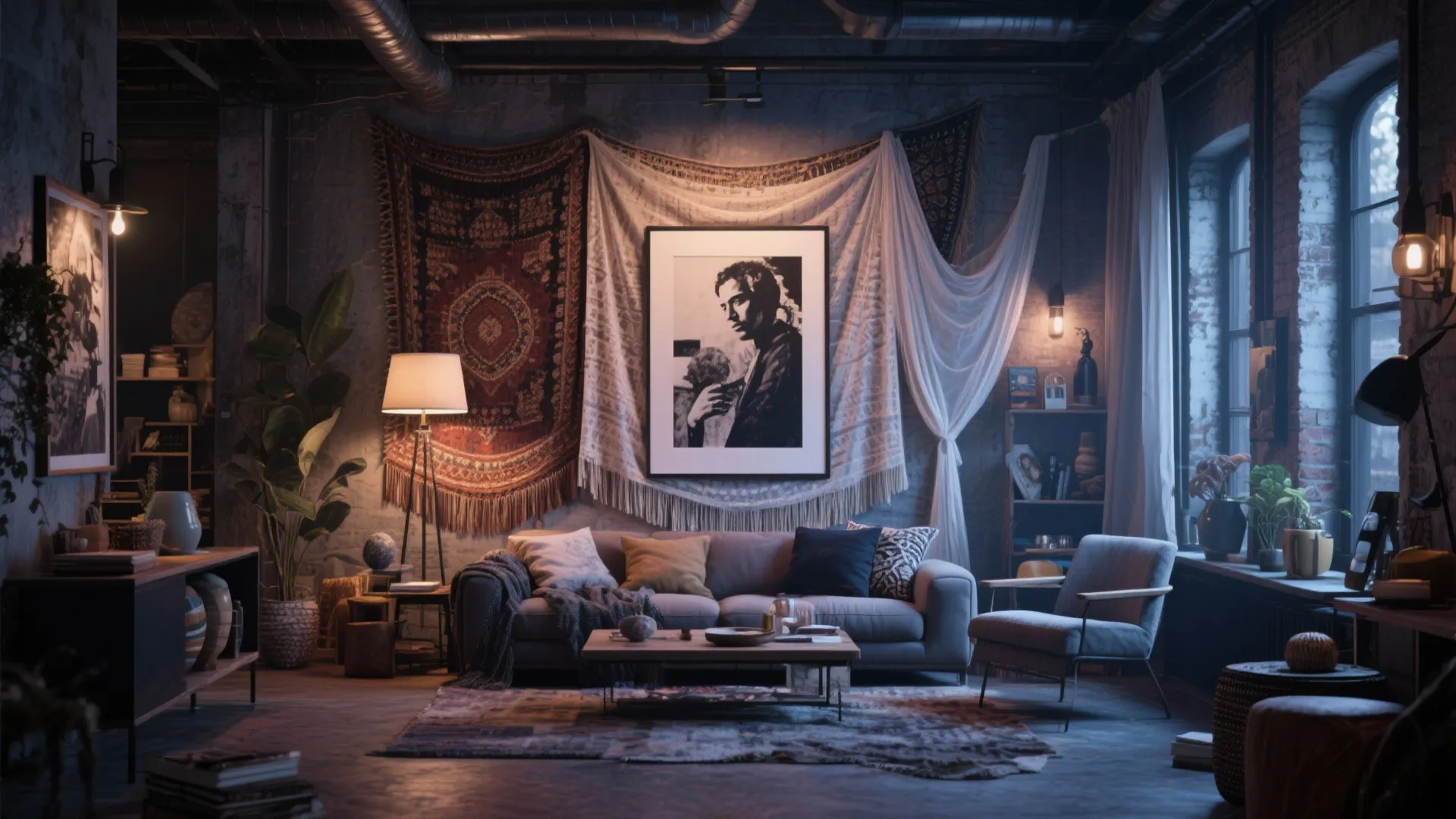 Layered sheer tapestry over framed canvas in modern loft