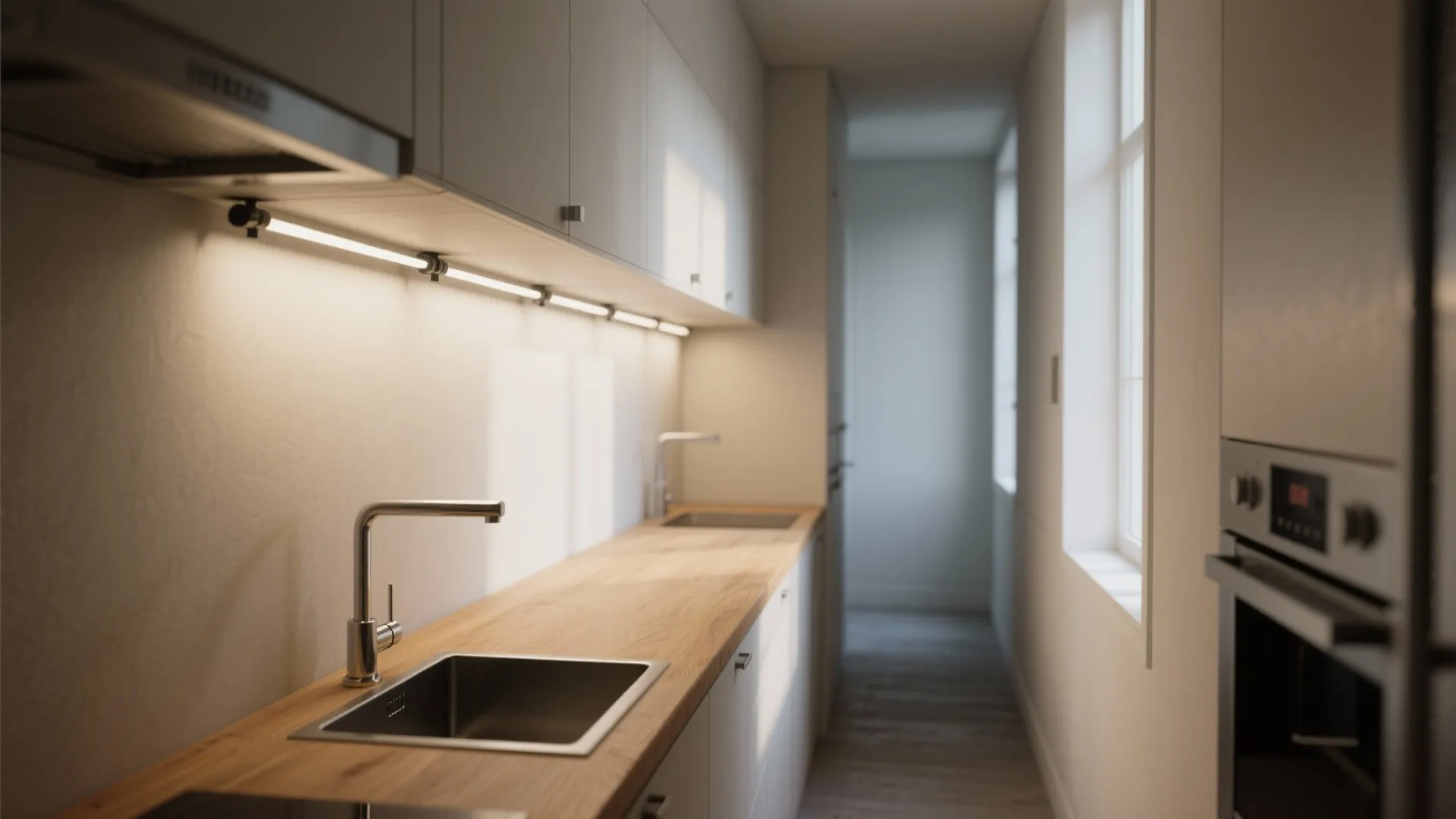 Modern kitchen with wood countertop and light fixture installed under white cabinets near a sink