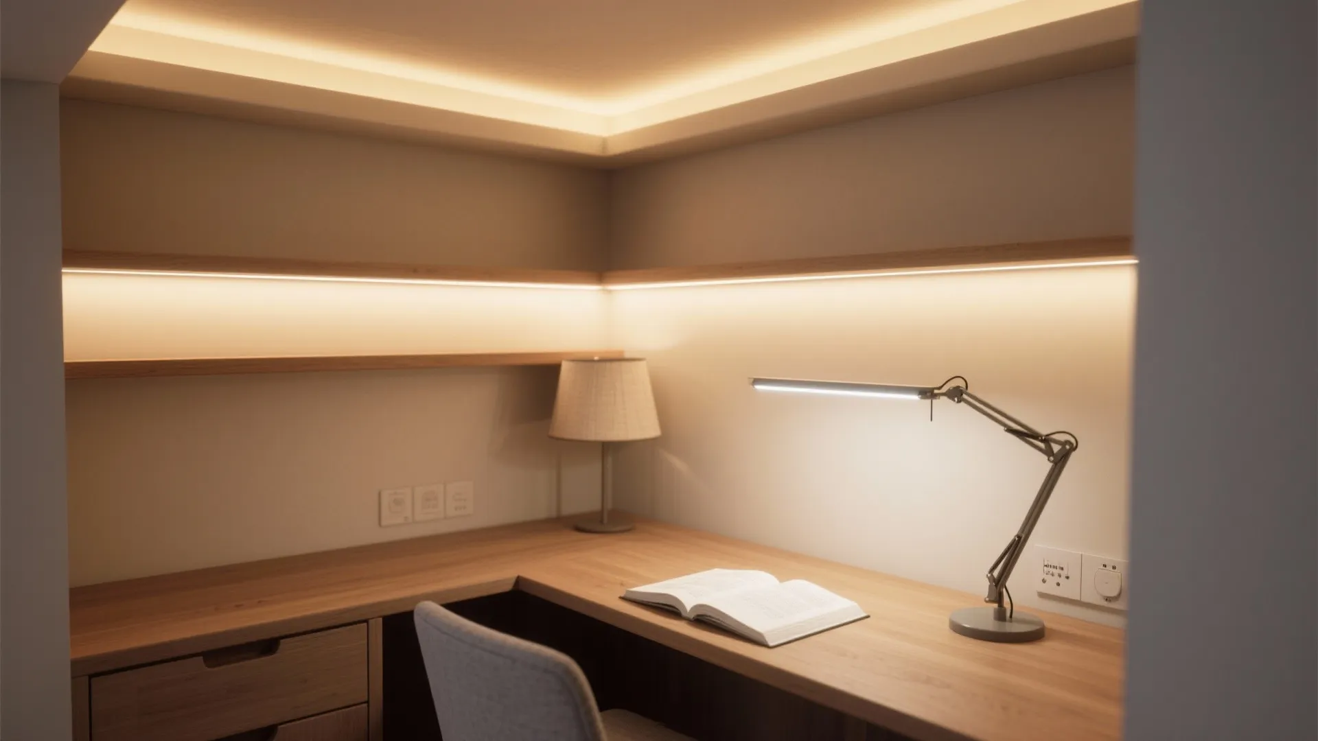 Wooden corner desk with open book grey chair desk lamp and warm hidden light strips