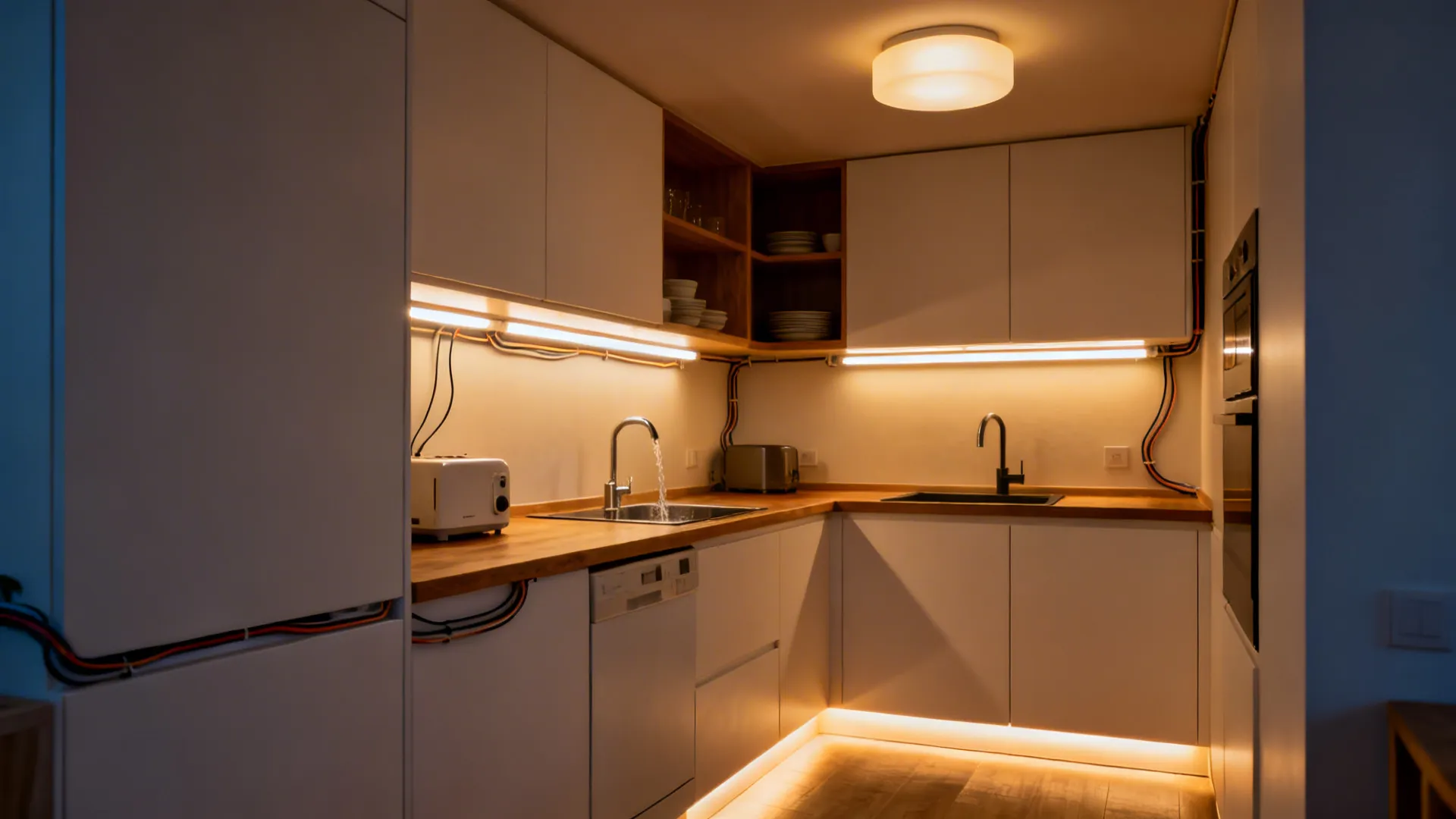 Small kitchen with under-cabinet task lights, ambient ceiling light, and toe-kick glow at dusk.