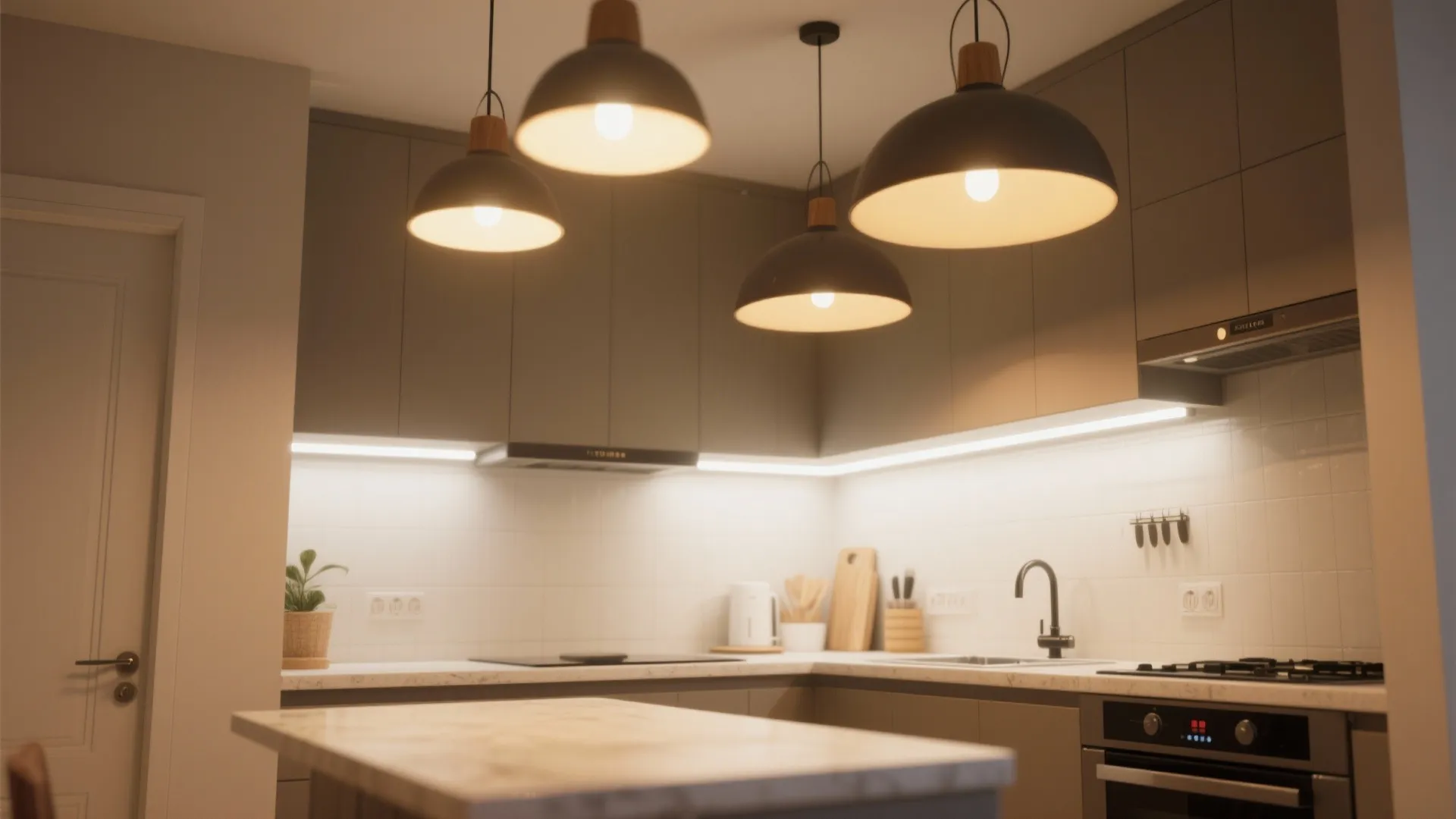 Modern kitchen with grey cabinets white tile backsplash integrated LED strips and four black ceiling lights