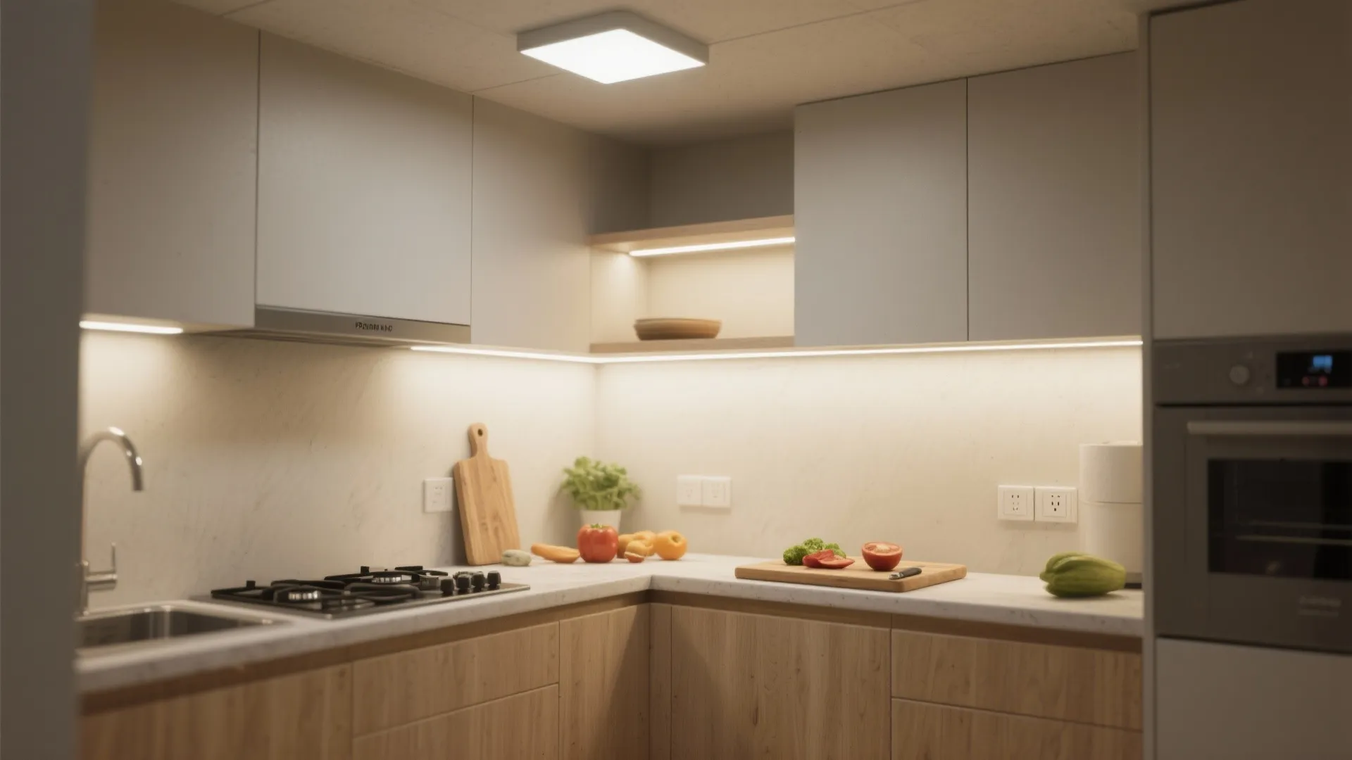Kitchen corner with under cabinet lighting, ceiling light, wooden cabinets, and vegetables on white counter