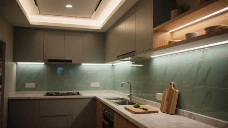 Modern Kitchen with Green Marble Backsplash & Smart Lighting