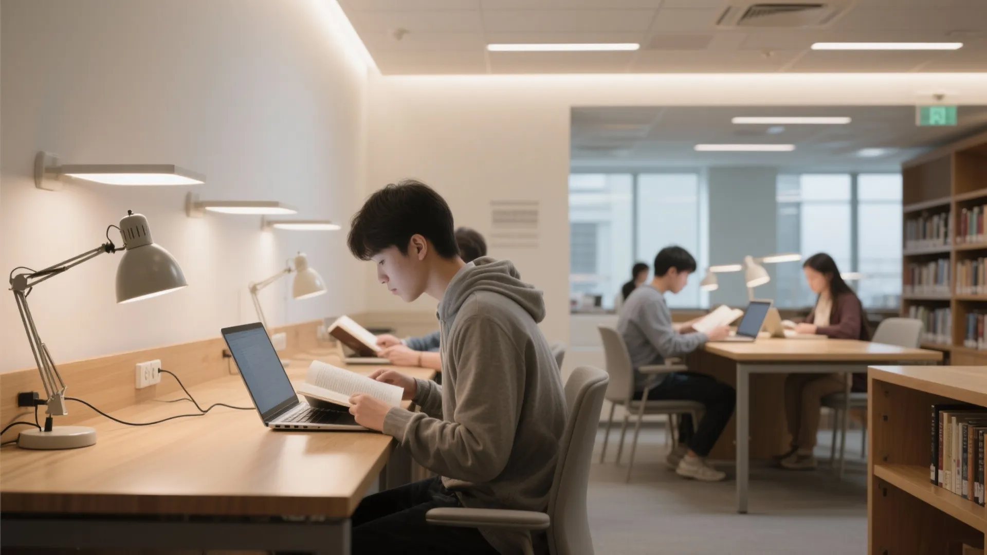 Modern library study area with wooden desks desk lamps and students working on their laptops