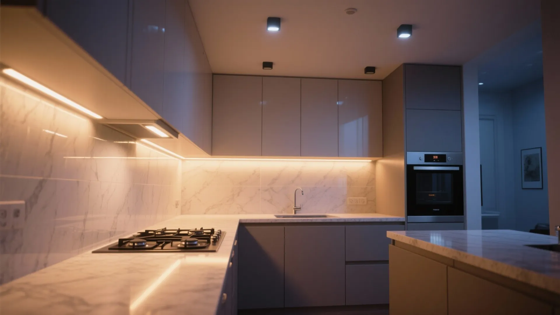 Small kitchen with warm under-cabinet LEDs, ambient lights, and a focused hob light.