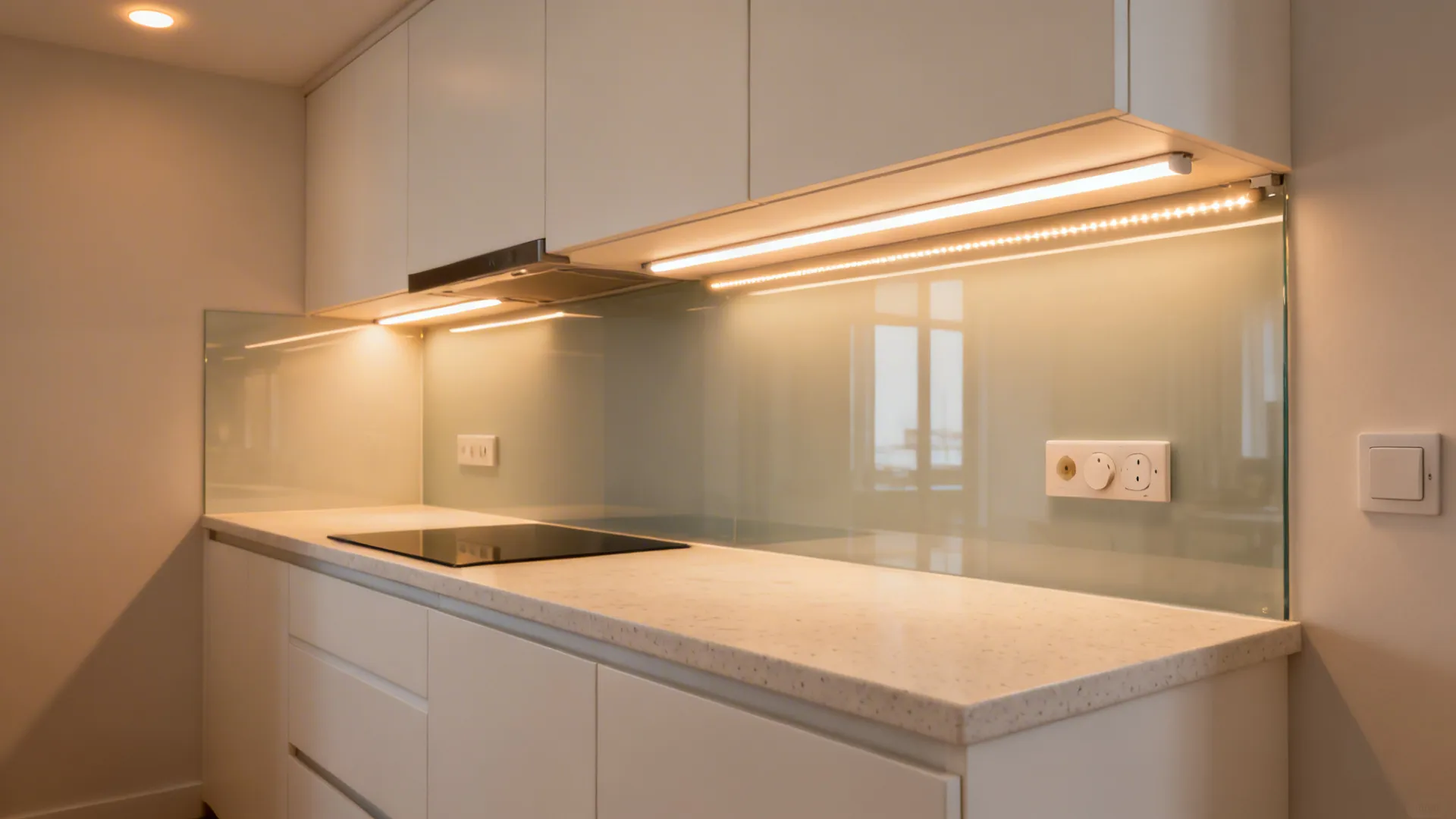 Small kitchen with 3000–3500K under-cabinet LEDs and soft ambient ceiling light.