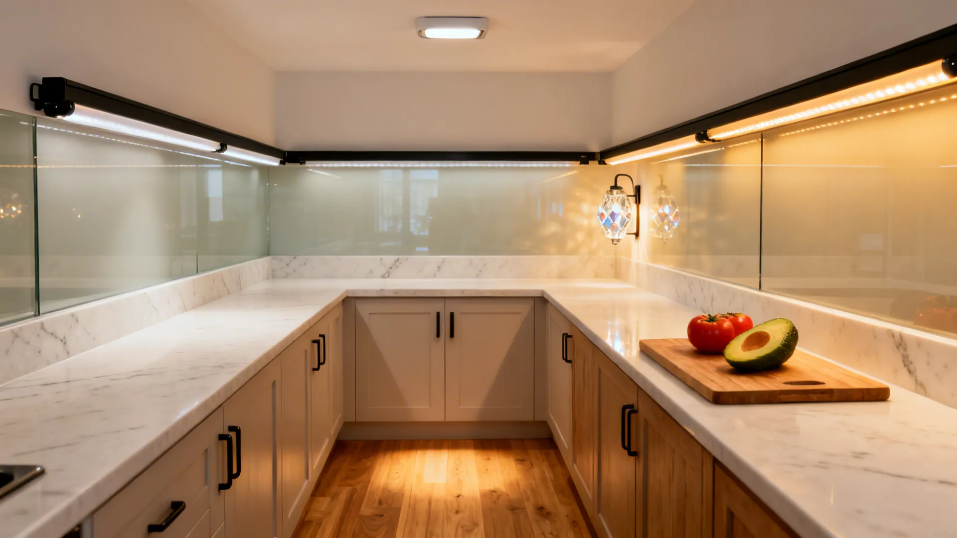 U-shaped kitchen with marble counters white cabinets wooden floor and warm led strip light fixture