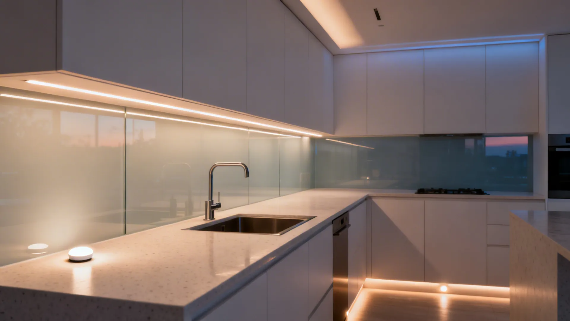 Small kitchen with ambient, under-cabinet, sink puck, and toe-kick lighting layers at warm 2700–3000K.