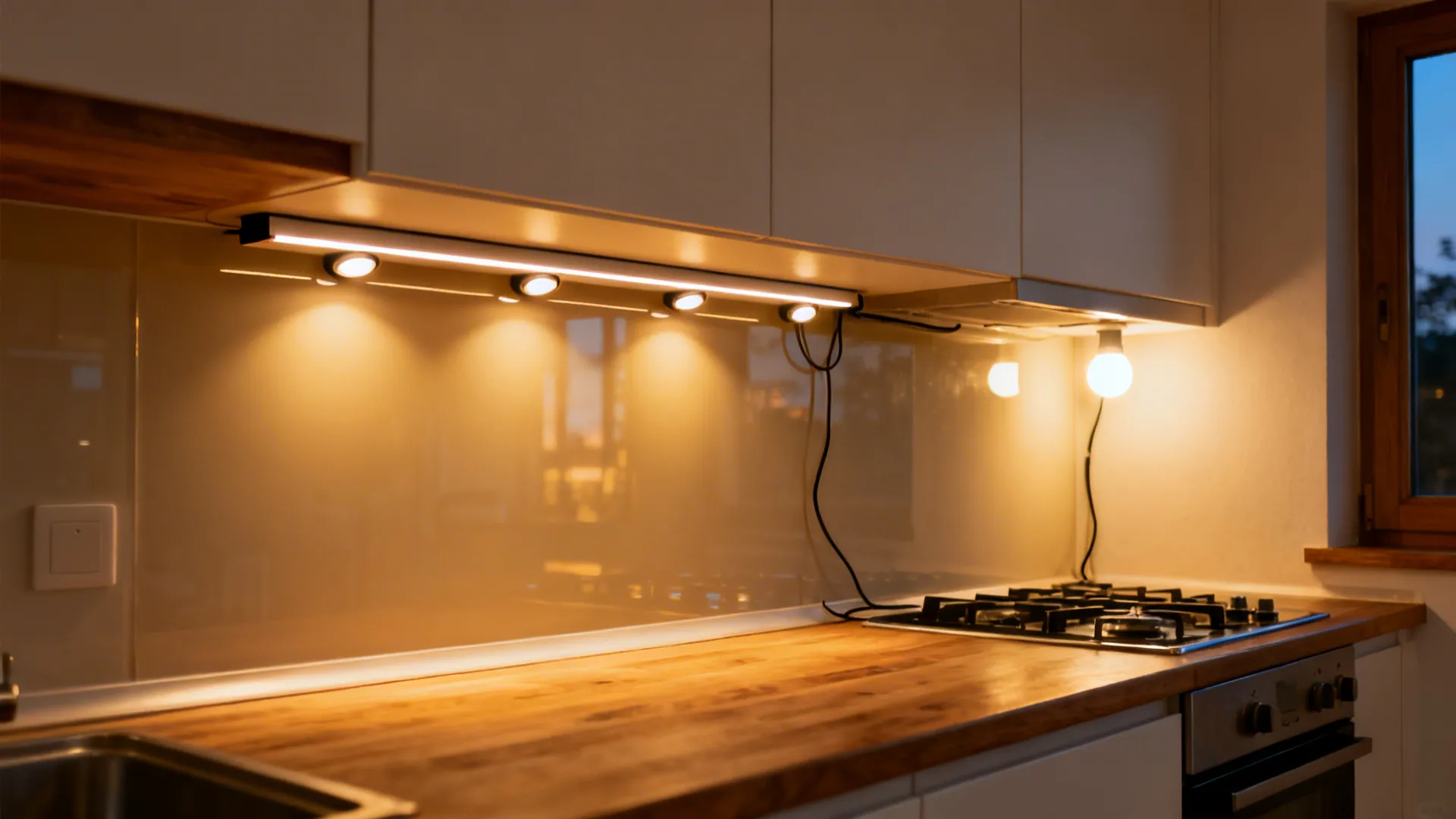 Small kitchen with under-cabinet LED strips, rail pucks, and a bright range task light.