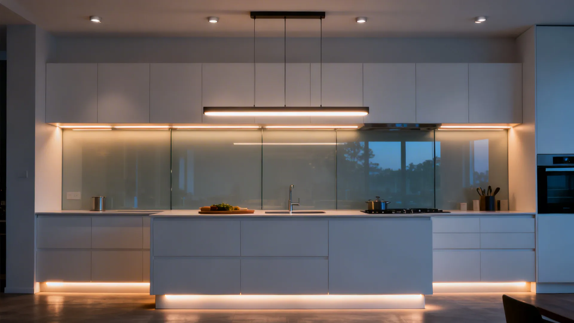 Single-wall kitchen with under-cabinet LEDs, linear pendant, and toe-kick lights.