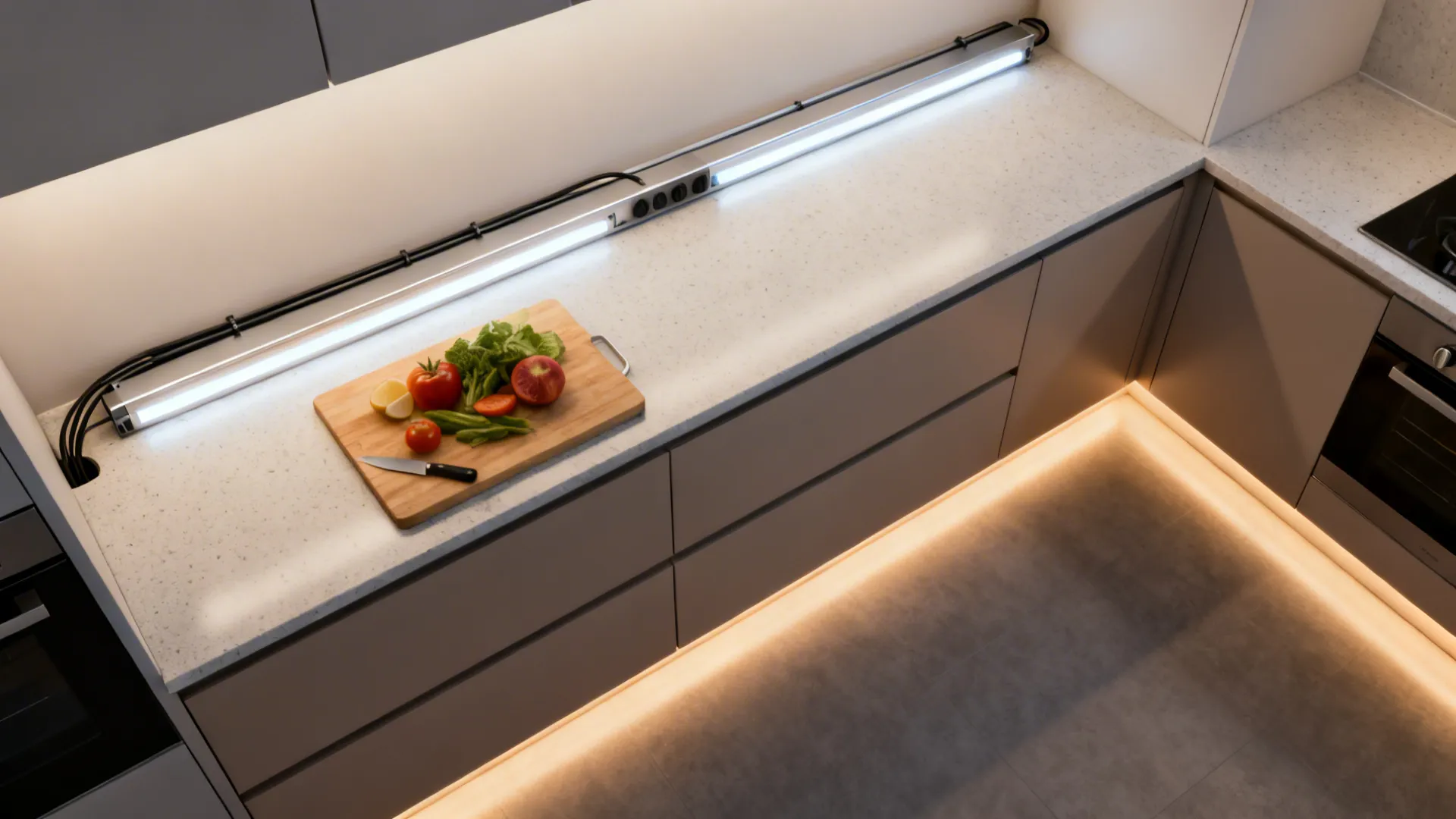 Kitchen countertop with strip light cutting board with fresh vegetables and warm floor base lighting