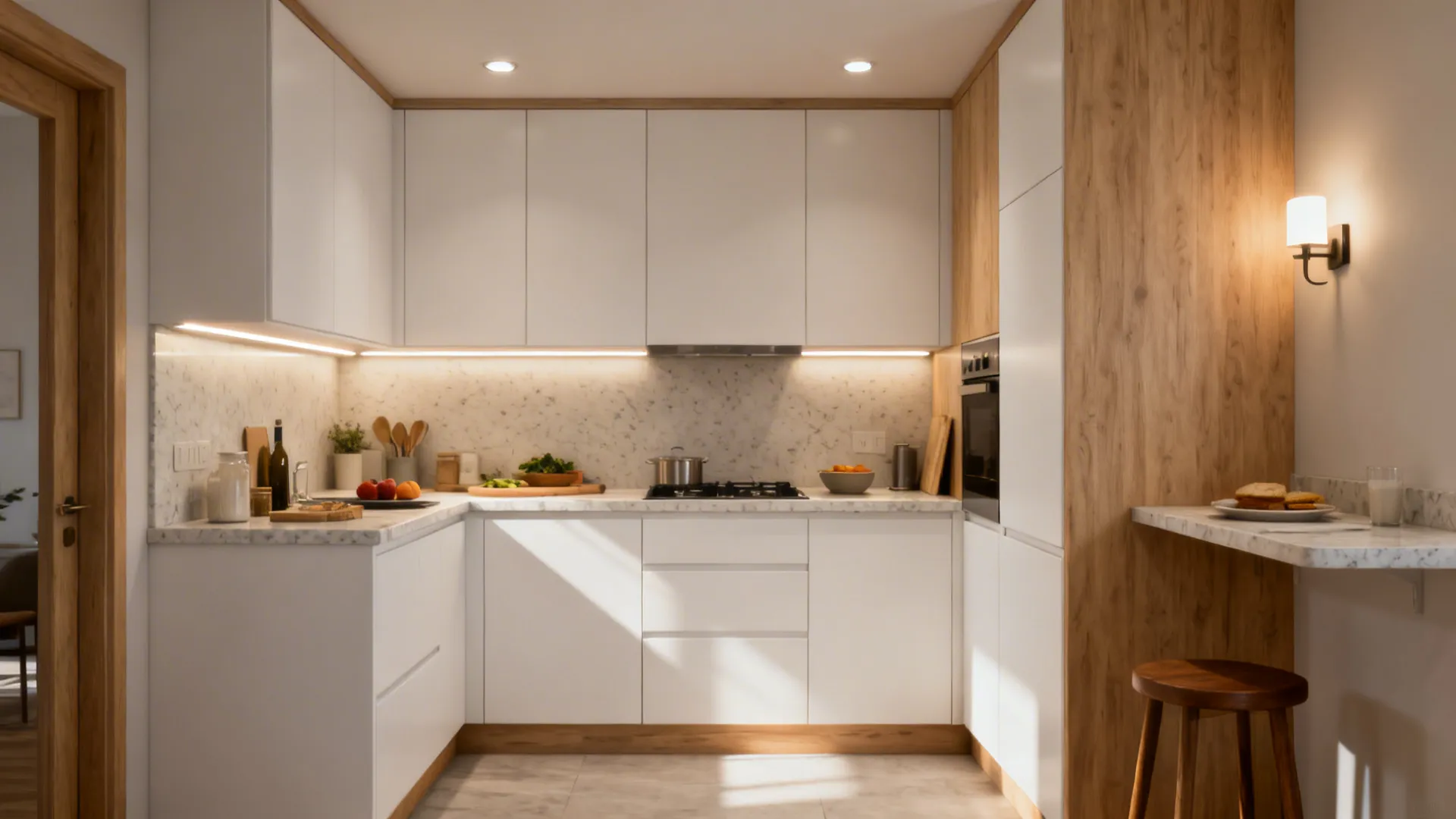 Small kitchen with ceiling lights, under-cabinet LEDs, and a sconce over a perch.