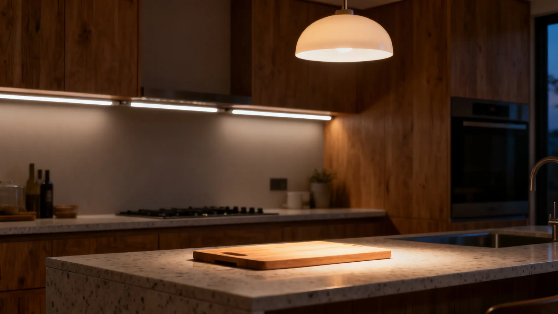 Under-cabinet 3000K LED strips with a diffused pendant create shadow-free task lighting over a quartz worktop.