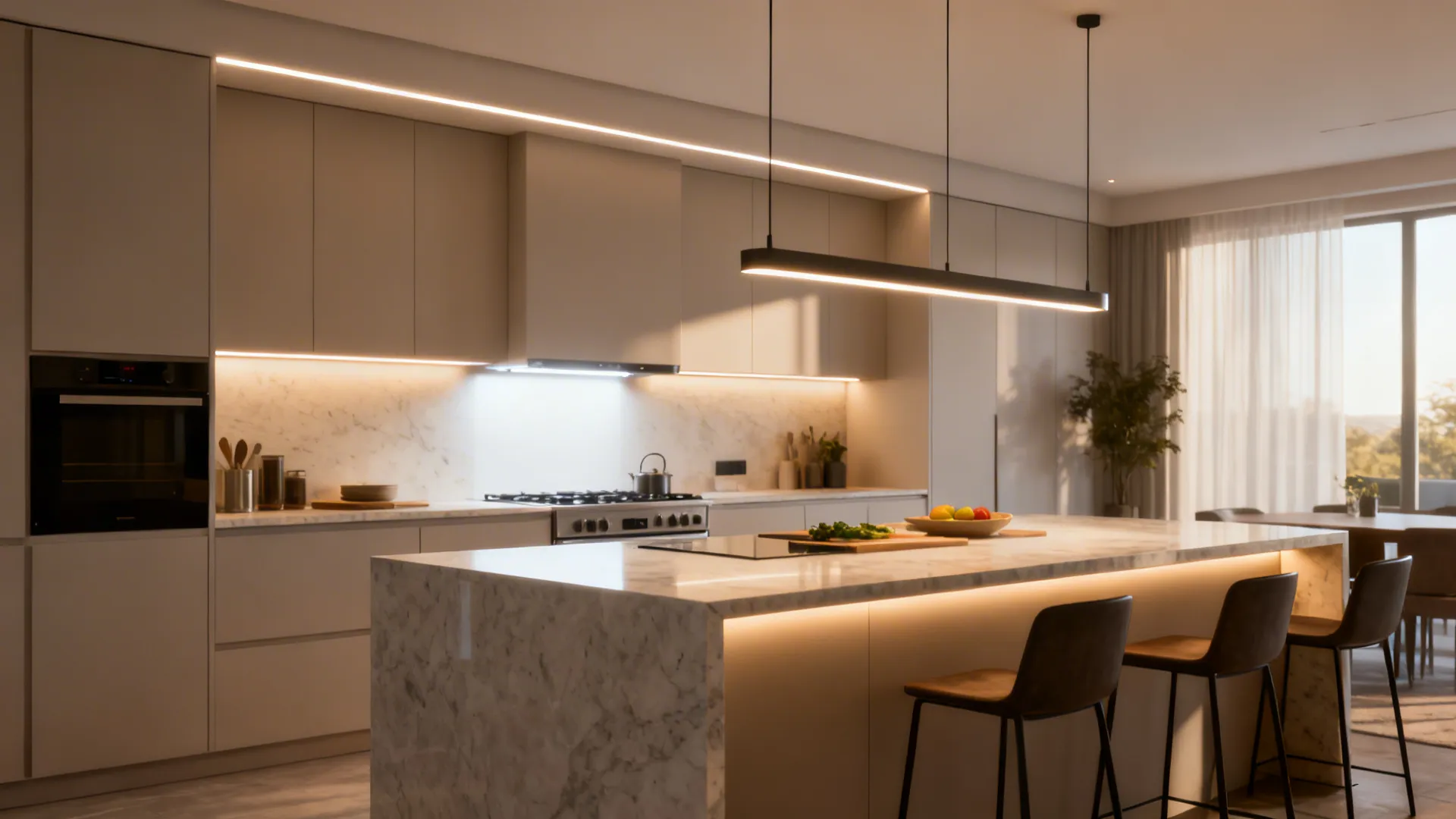 Kitchen with under-cabinet LEDs, dimmable pendants, and a bright range light creating balanced task illumination.