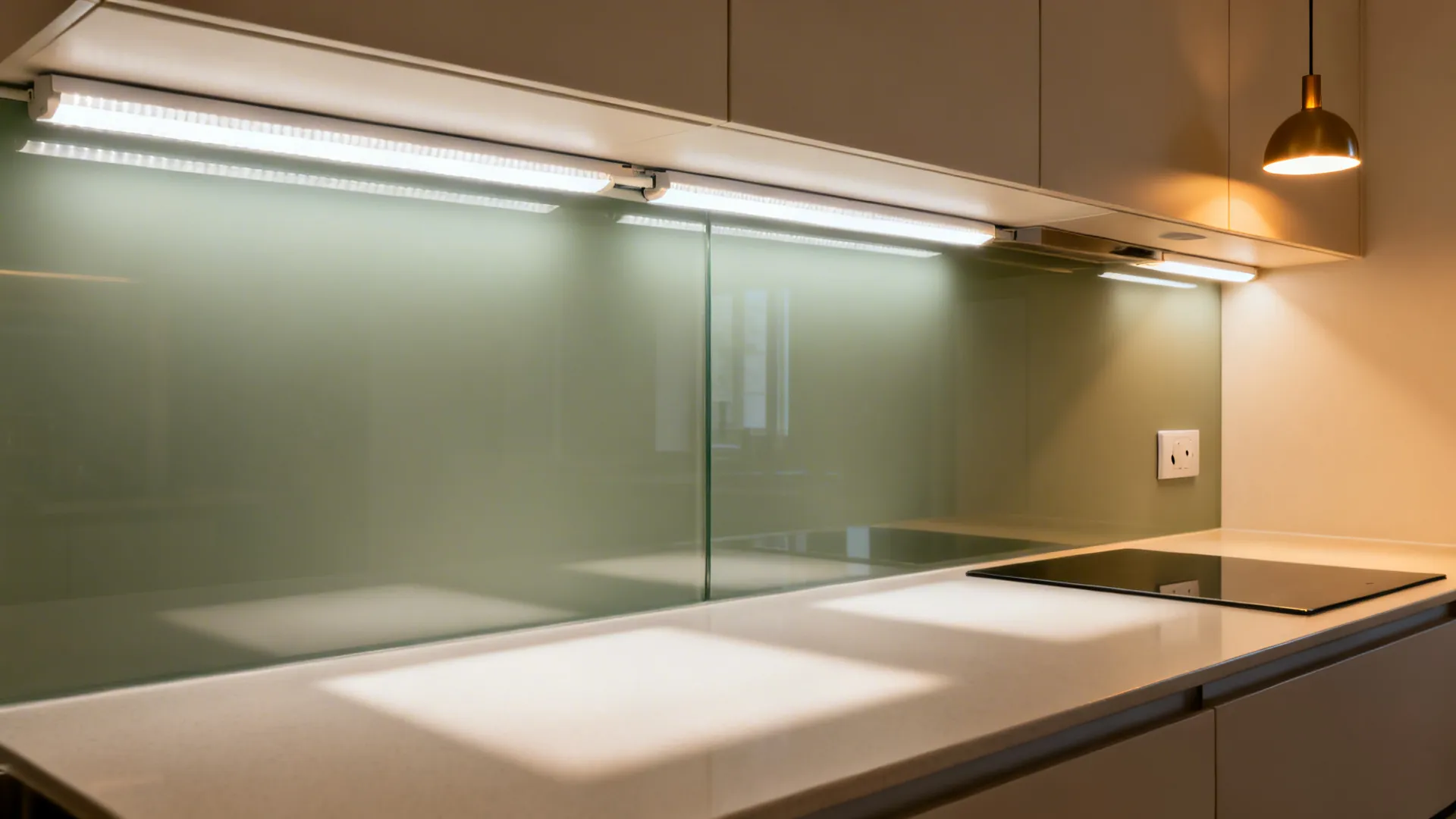 Small kitchen with bright under-cabinet task lights and warm ambient ceiling lighting