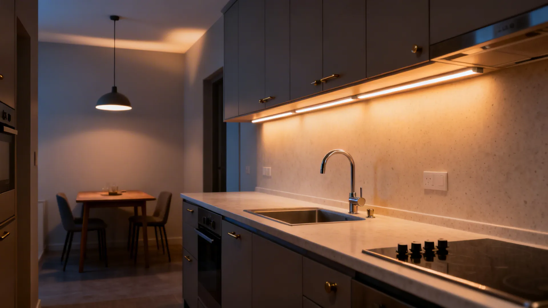 Compact kitchen with warm under-cabinet LEDs and a soft pendant over the dining area.