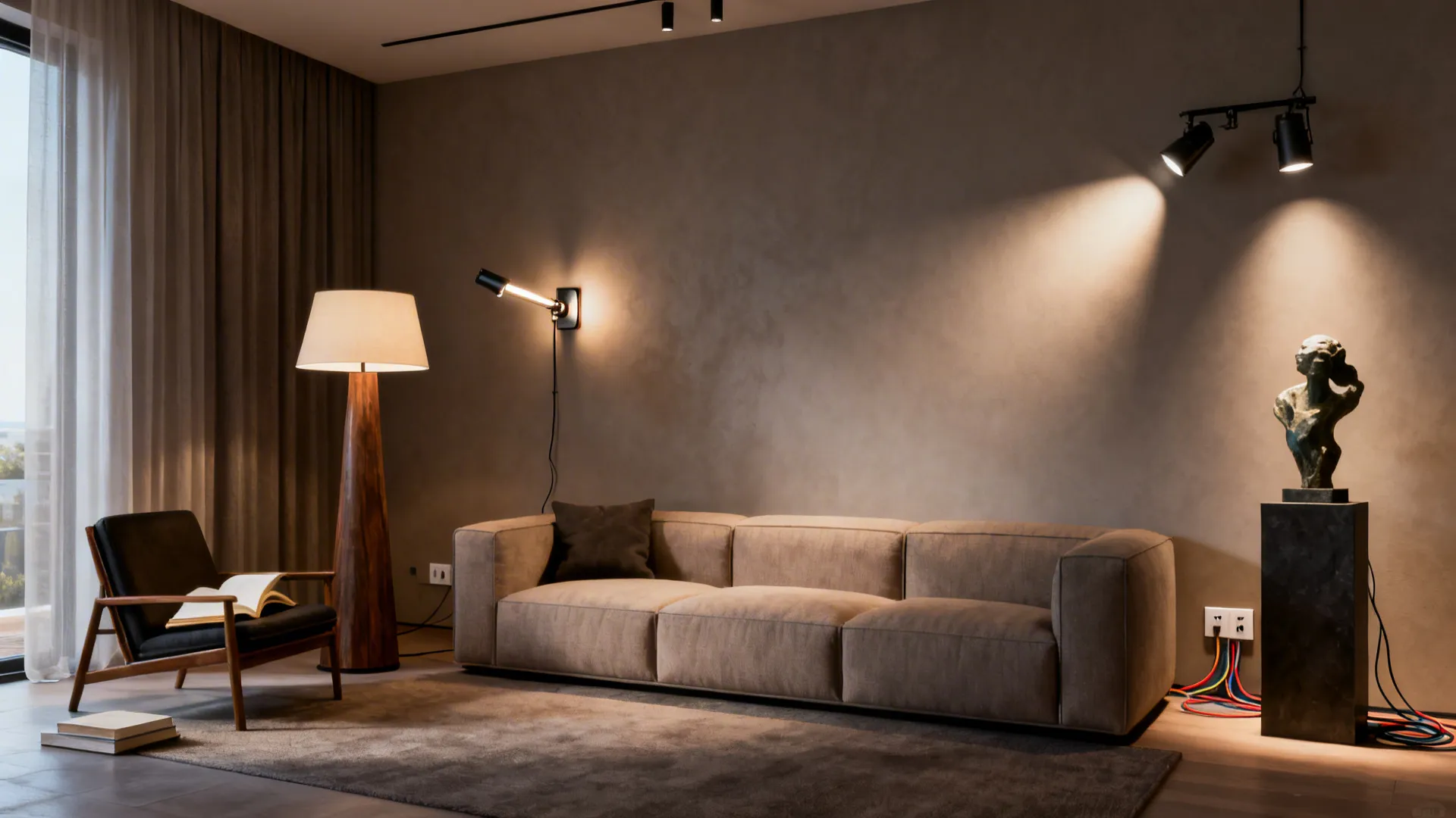 Modern living room with a tan sofa floor lamp wall light and ceiling light track fixtures
