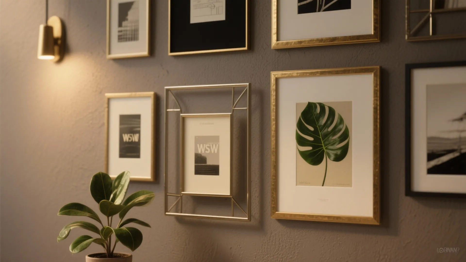 Gallery wall with various picture frames a gold wall light and a small green potted plant