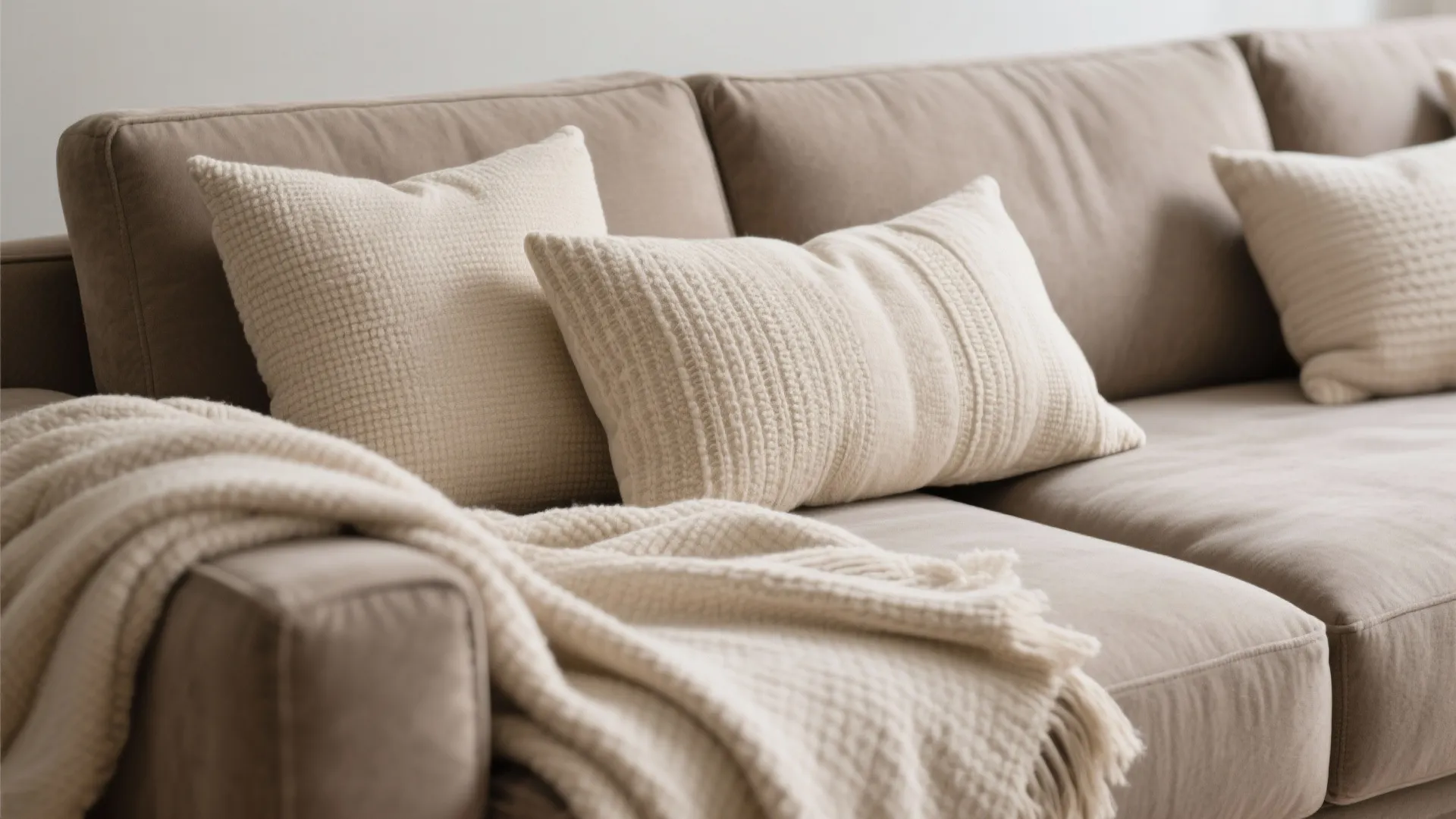 Comfortable taupe sofa with textured beige pillows and a soft knitted blanket in bright room