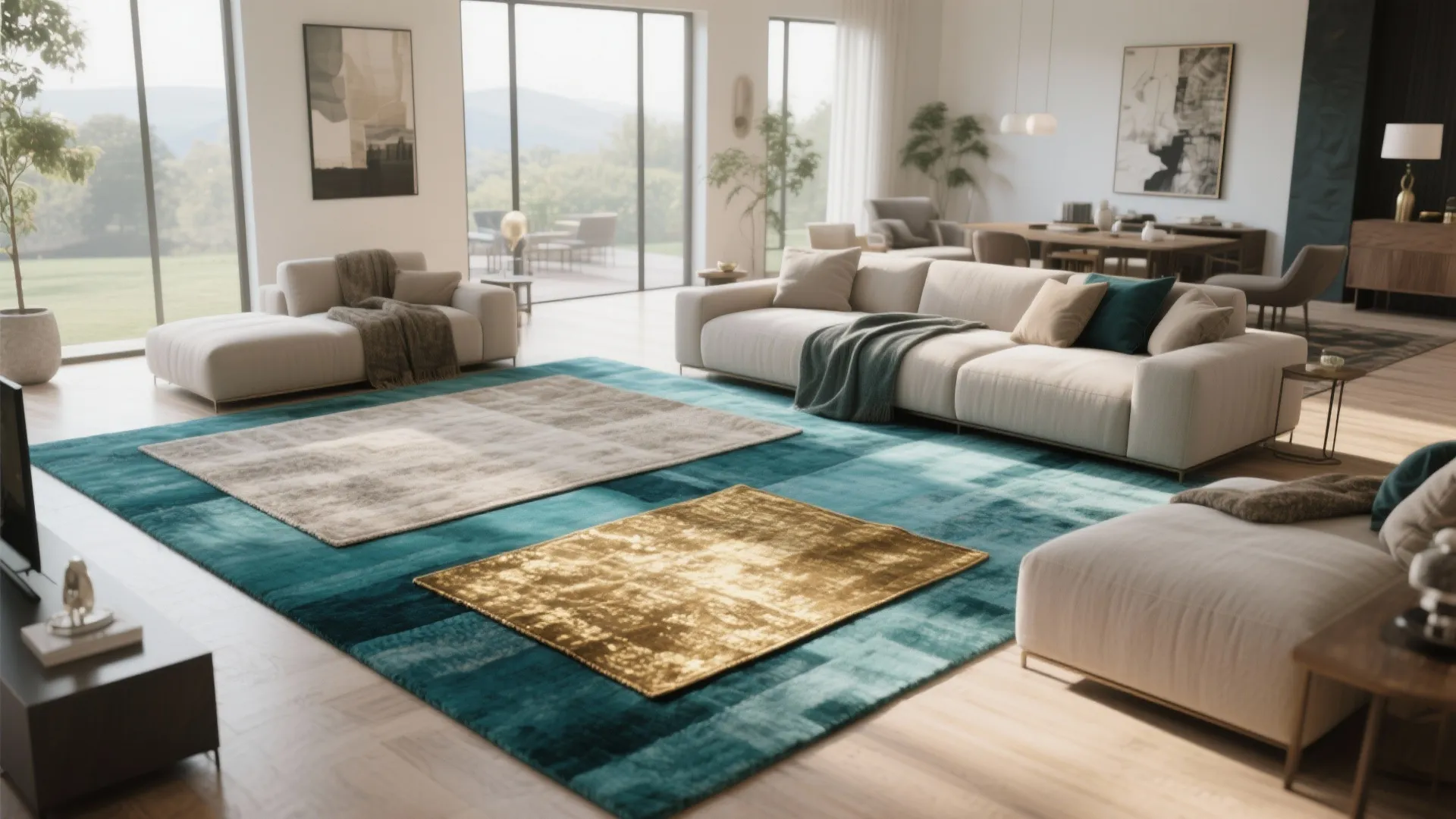 8. Layered Rugs in Teal and Neutral