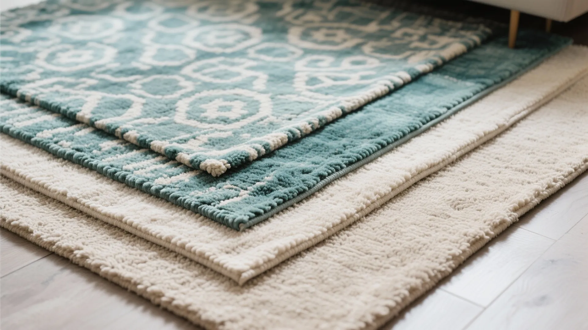 Layered neutral and teal patterned rugs in a cozy setup