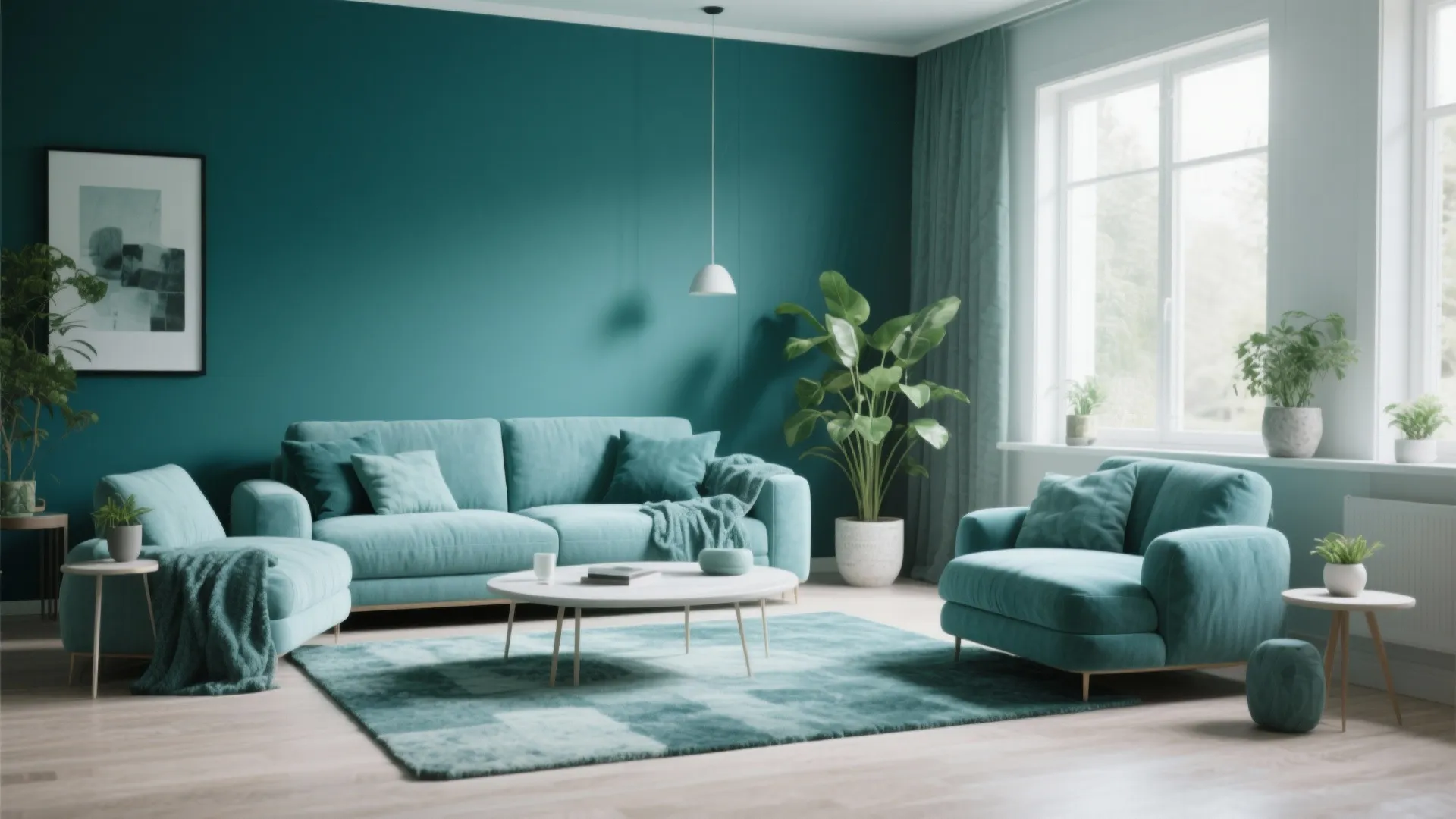 Bright teal living room with soft sofa and armchair plus blue rug and green potted plants