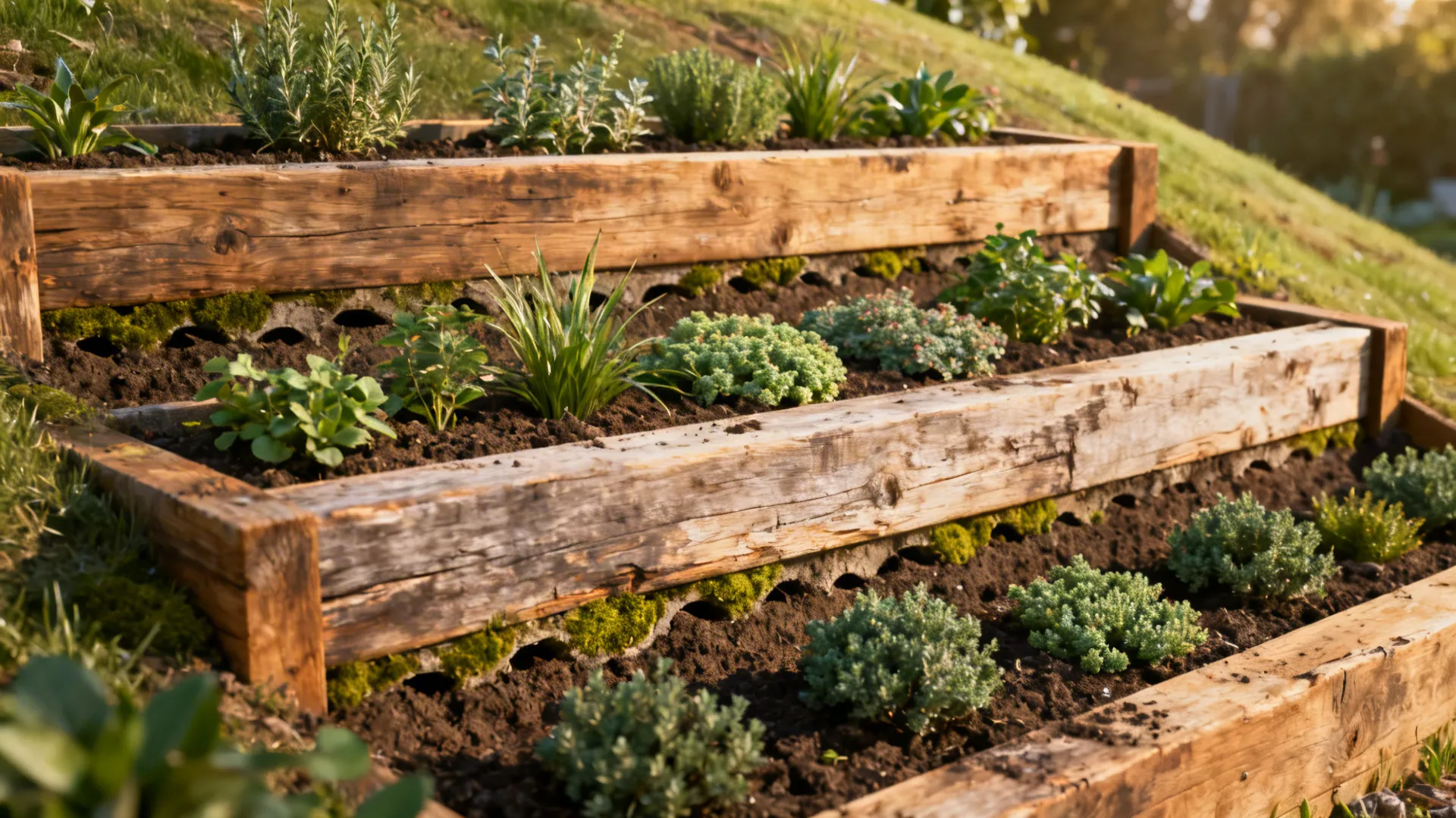 Layered planting terraces made from recycled timber with herbs and groundcovers on a slope.