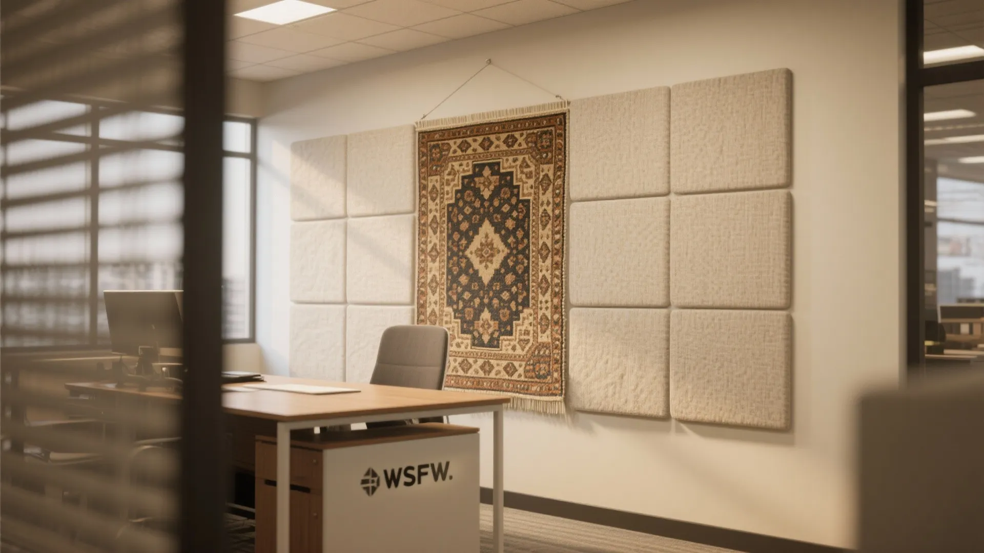 Professional office room with wooden desk and a decorative rug hanging between square wall panels
