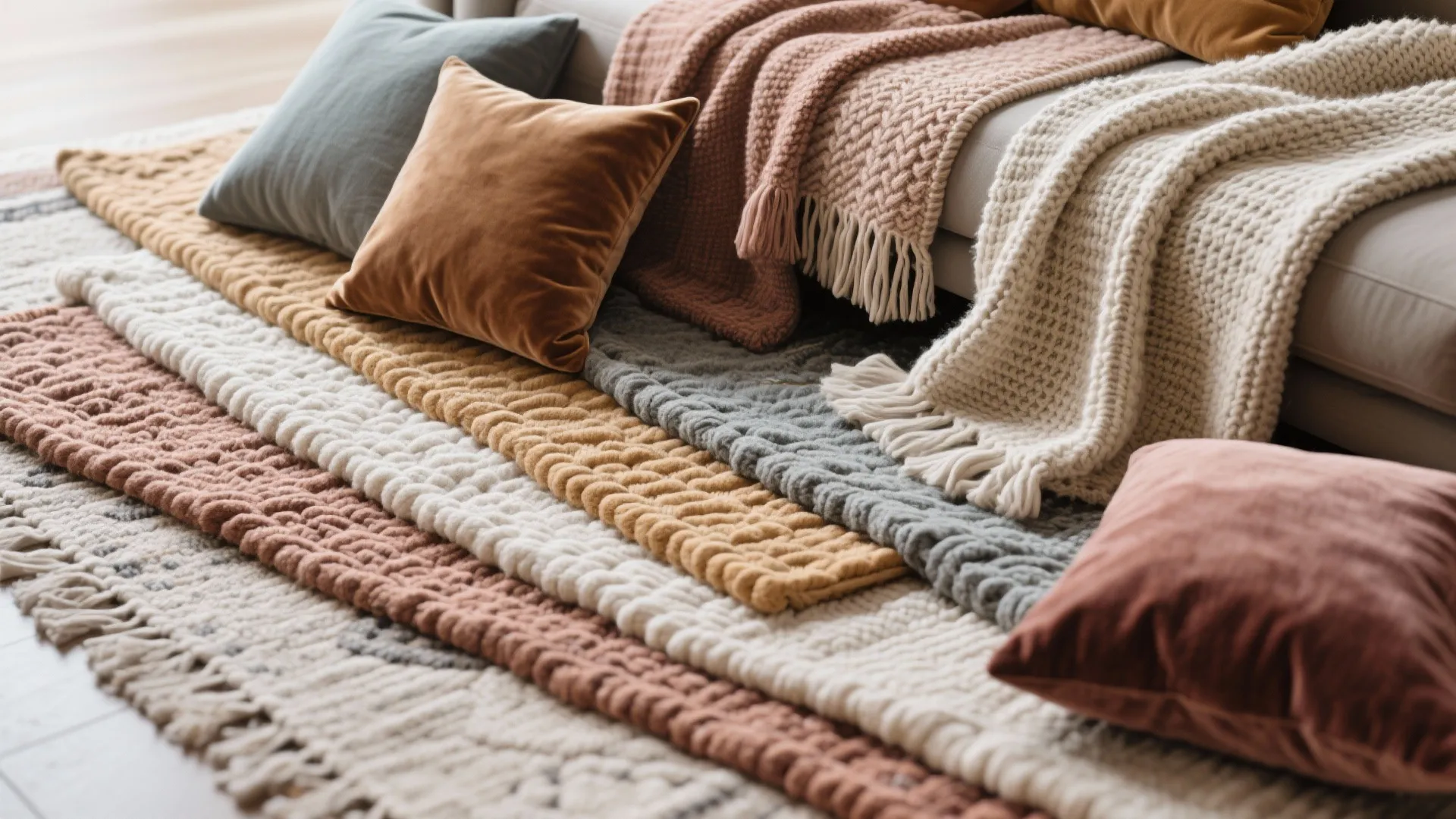 Soft layered textiles including woven blankets and velvet pillows in neutral earth tones on the floor