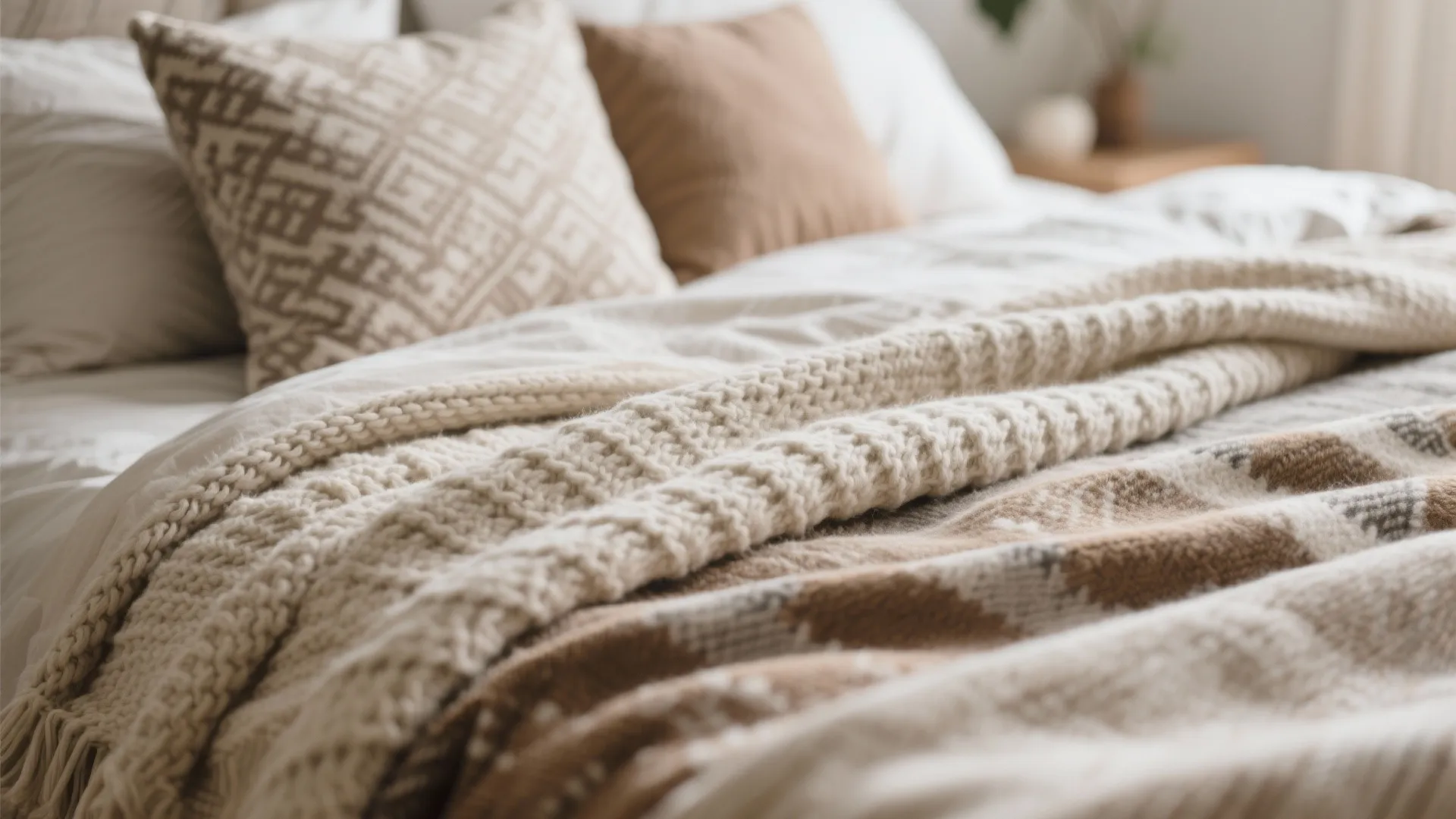 Cozy bed with layered neutral blankets, knitted cream throw, patterned pillows, and soft white bedding