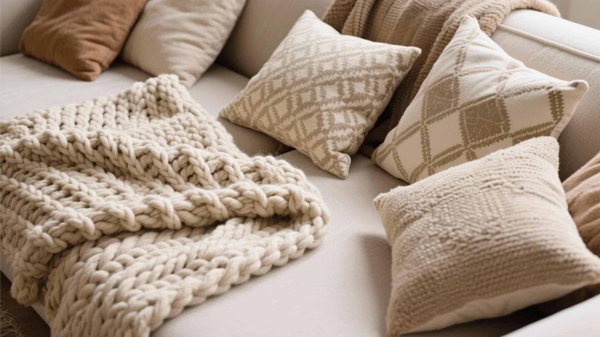 Cream sofa with patterned throw pillows and a large thick knitted blanket in neutral tones