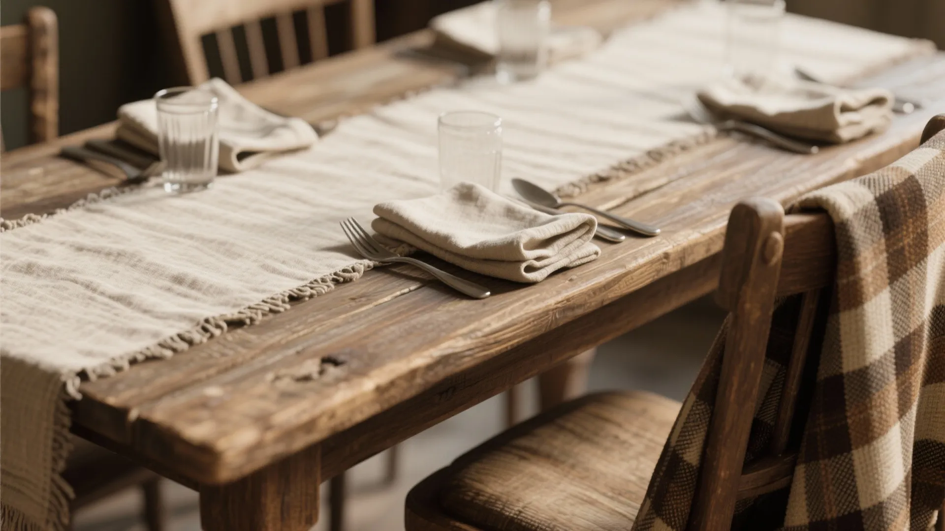 Rustic dining table with layered table linens
