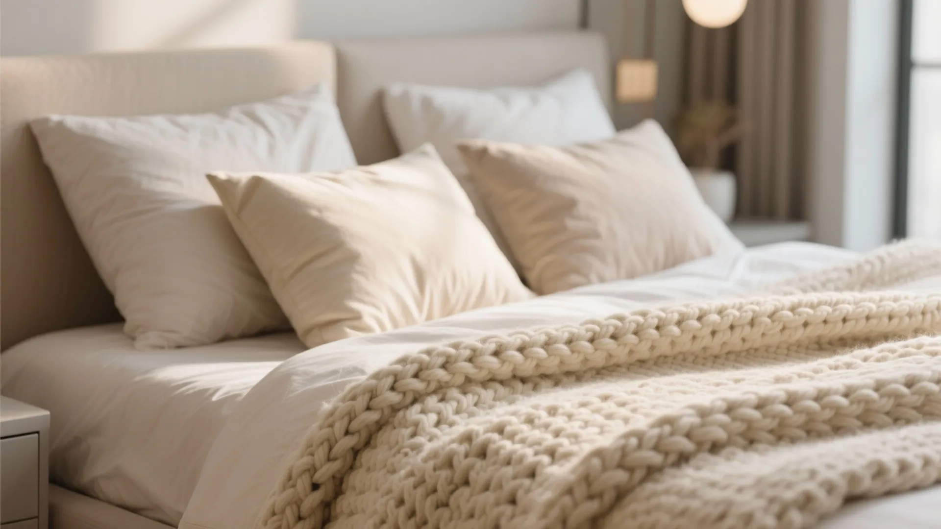 Close-up of knit blanket and silky pillows with soft lighting