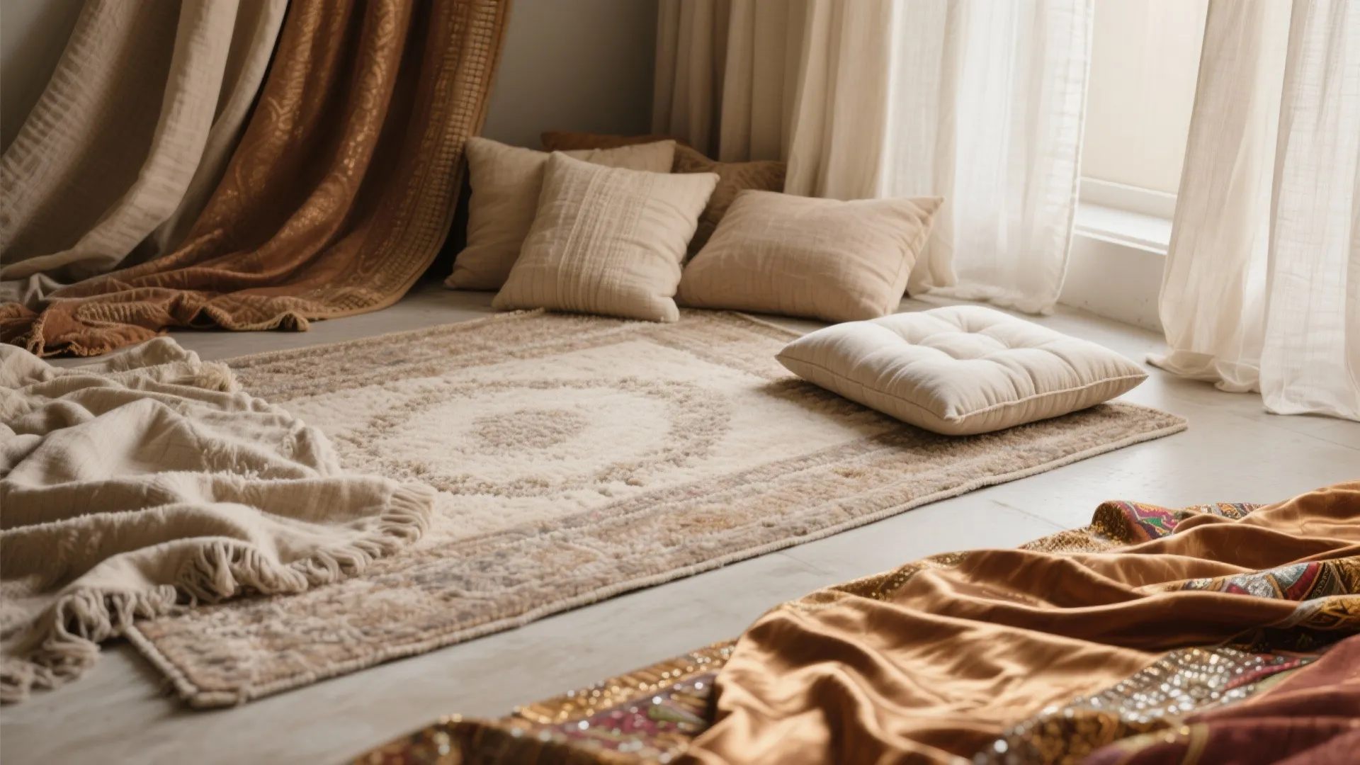 Cozy floor area with cream rug several pillows soft blankets and heavy fabric window curtains