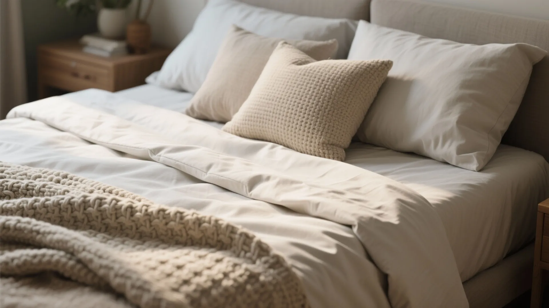 Close up of a bed with white pillows textured cushions and a beige knitted blanket