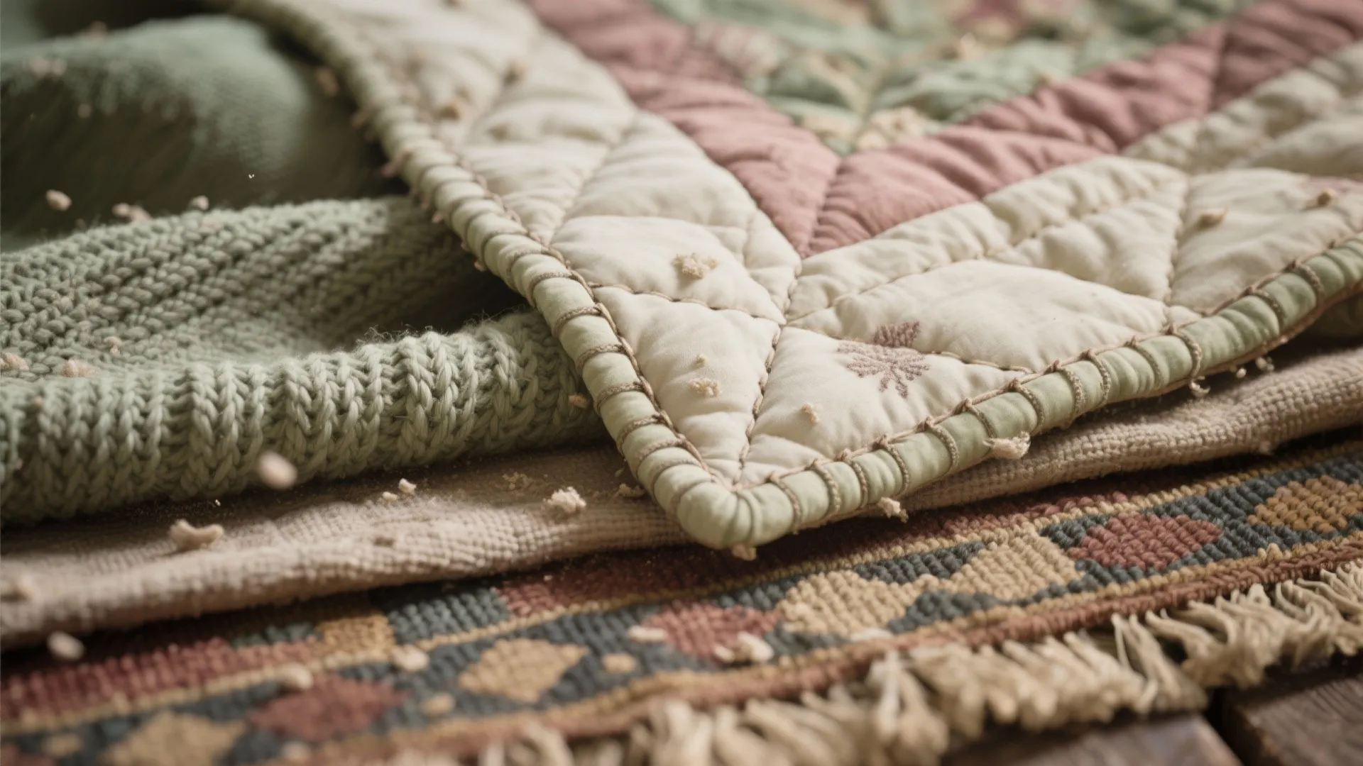 Macro detail of a vintage quilt, knit throw and handwoven rug showing stitches and woven textures.