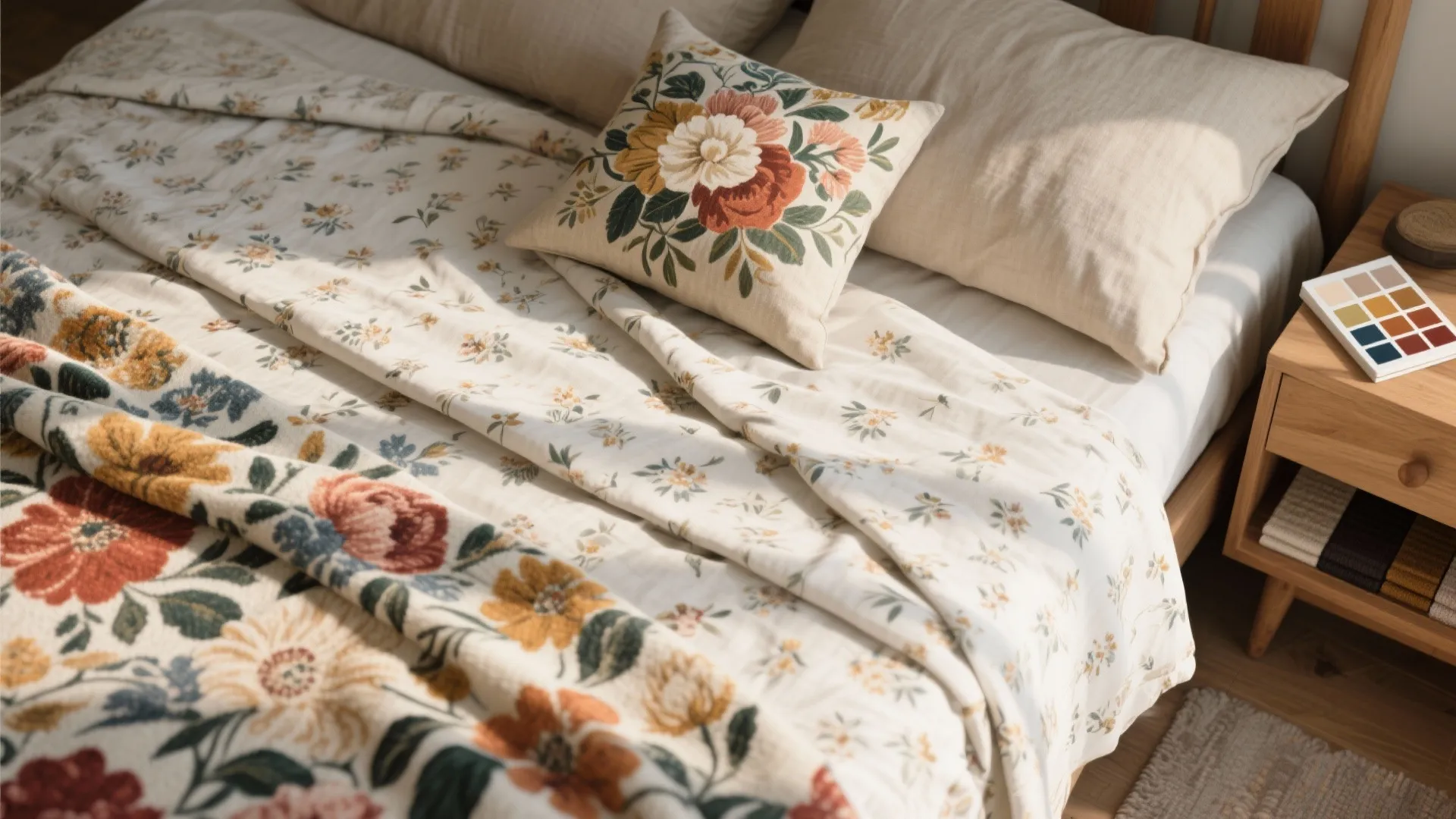 Cozy bedding set with floral patterned duvet and matching pillow on a light wood bed