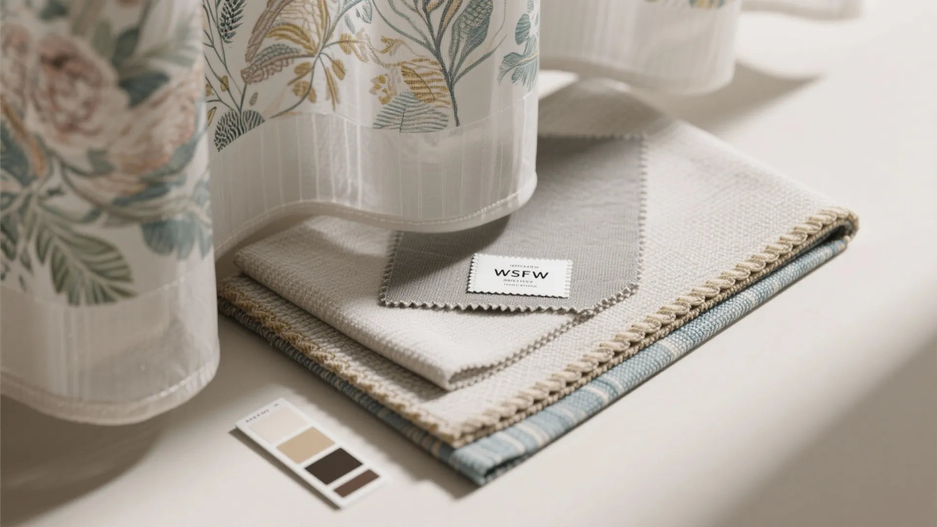 Top-down flatlay of a water-resistant liner, a semi-sheer panel, and a decorative drape showing fabric textures and hems.