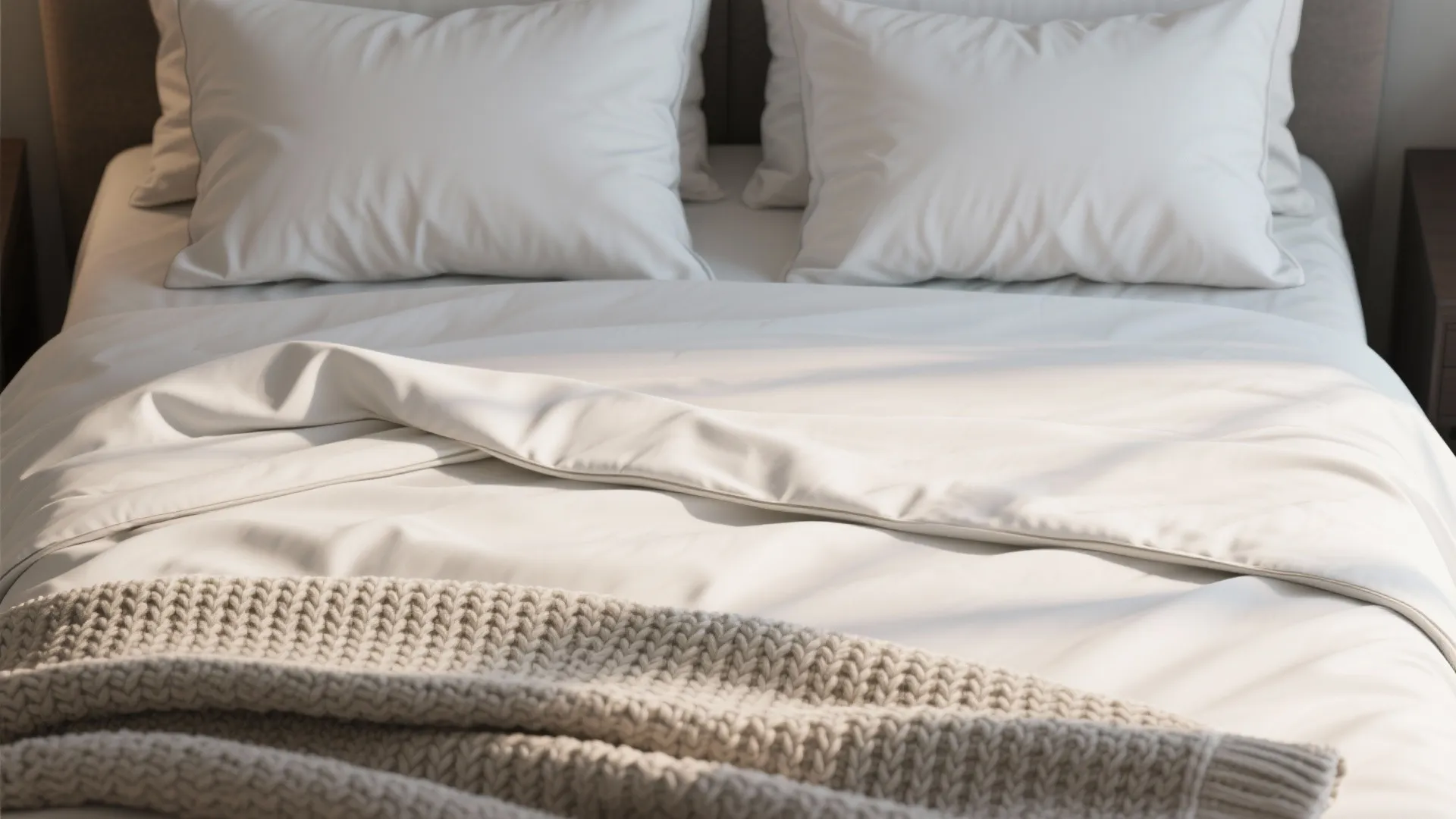 White bed sheets with two pillows and grey knitted blanket in soft natural morning sunlight
