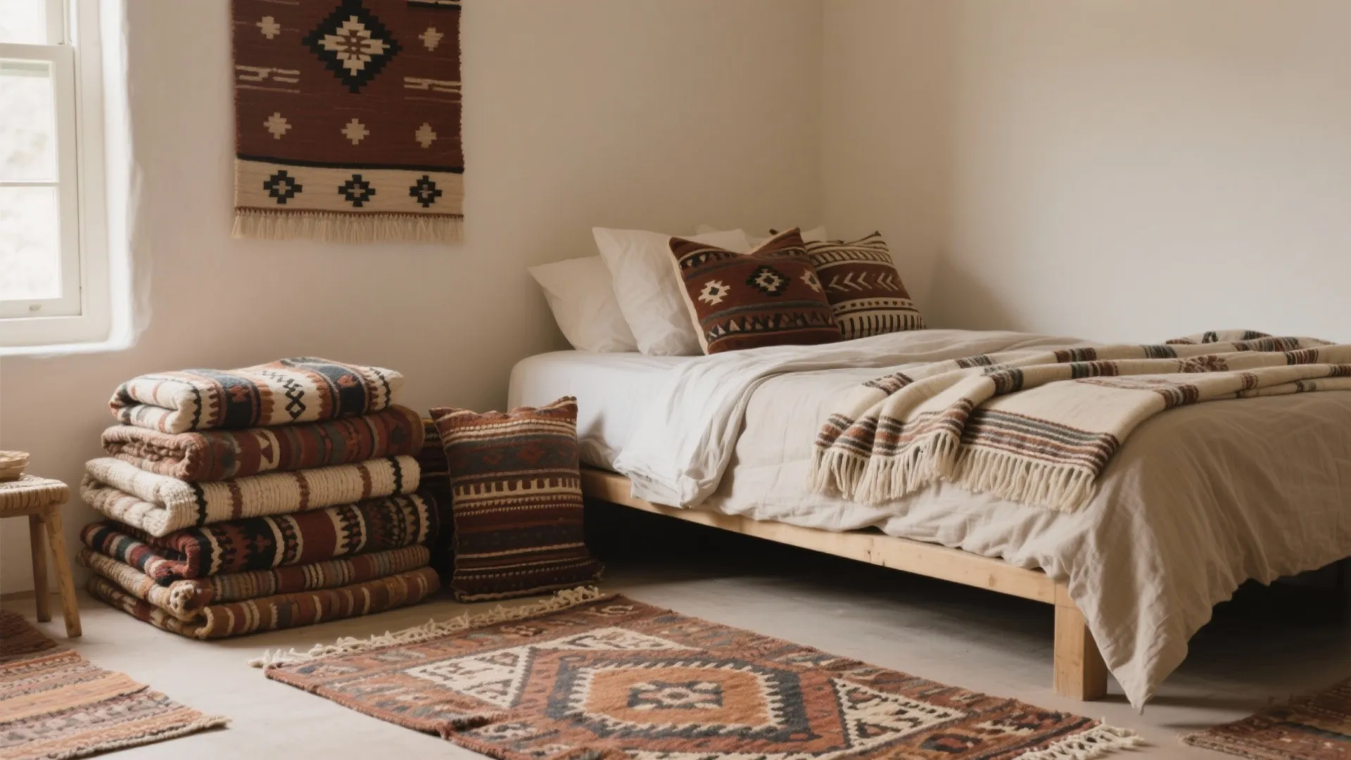 Bedroom featuring wooden bed frame with patterned blankets plus matching pillows and ethnic style rug