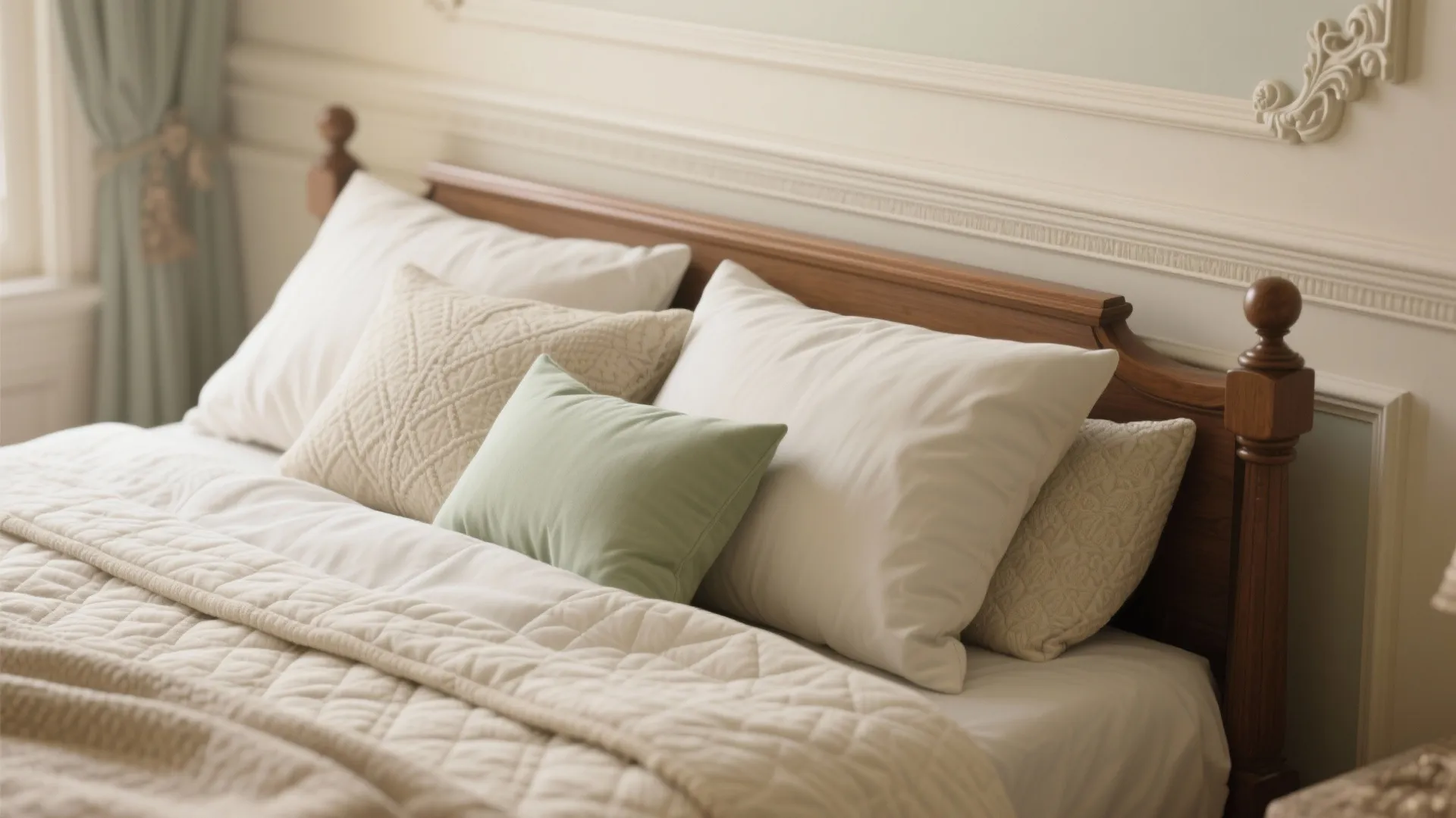 Wooden bed with white and green pillows patterned blanket and a white wall panel background